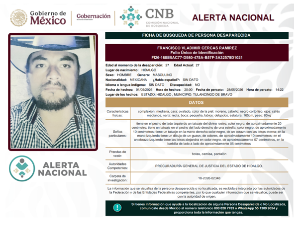 Persona desaparecida Francisco Vladimir Cercas Ramirez