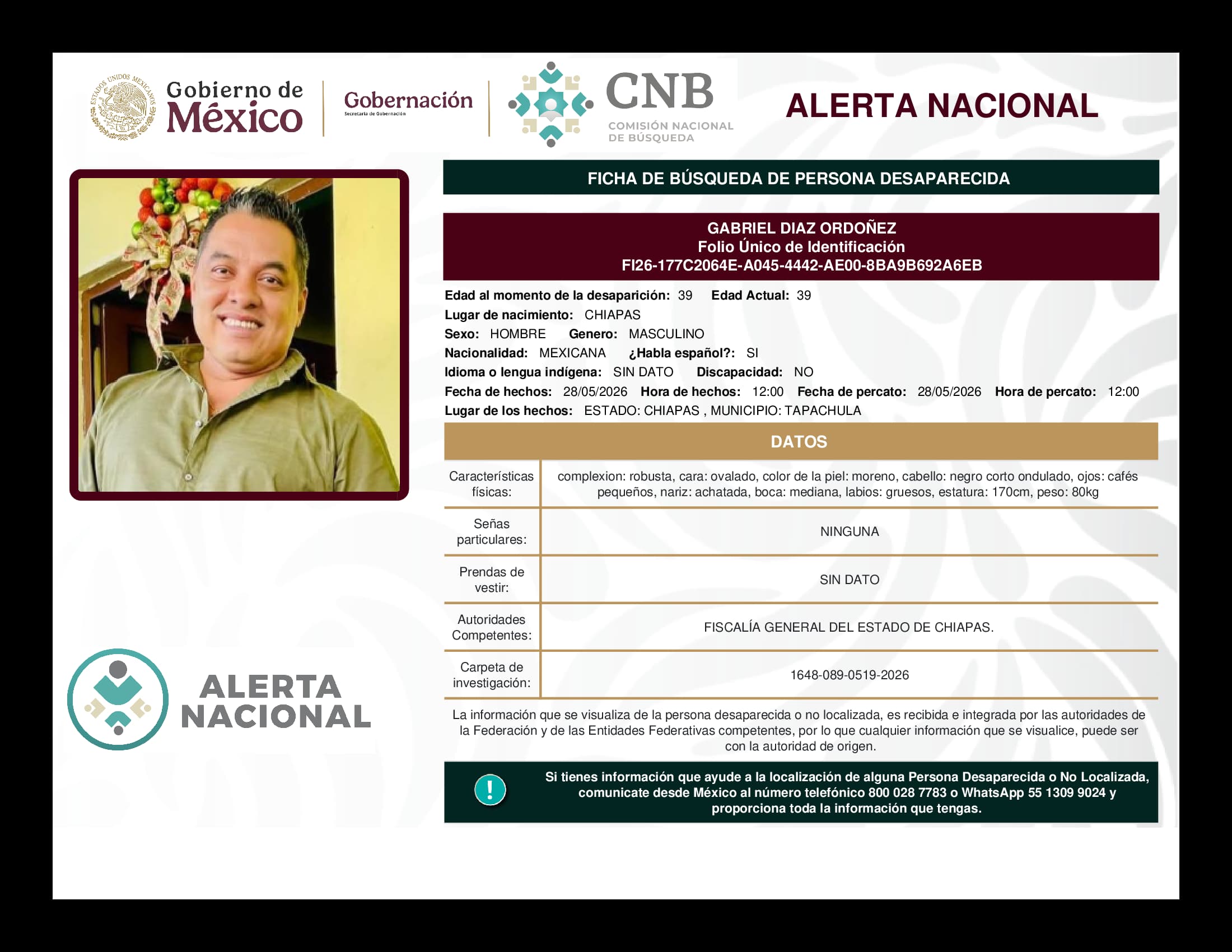 Persona desaparecida Gabriel Diaz Ordoñez
