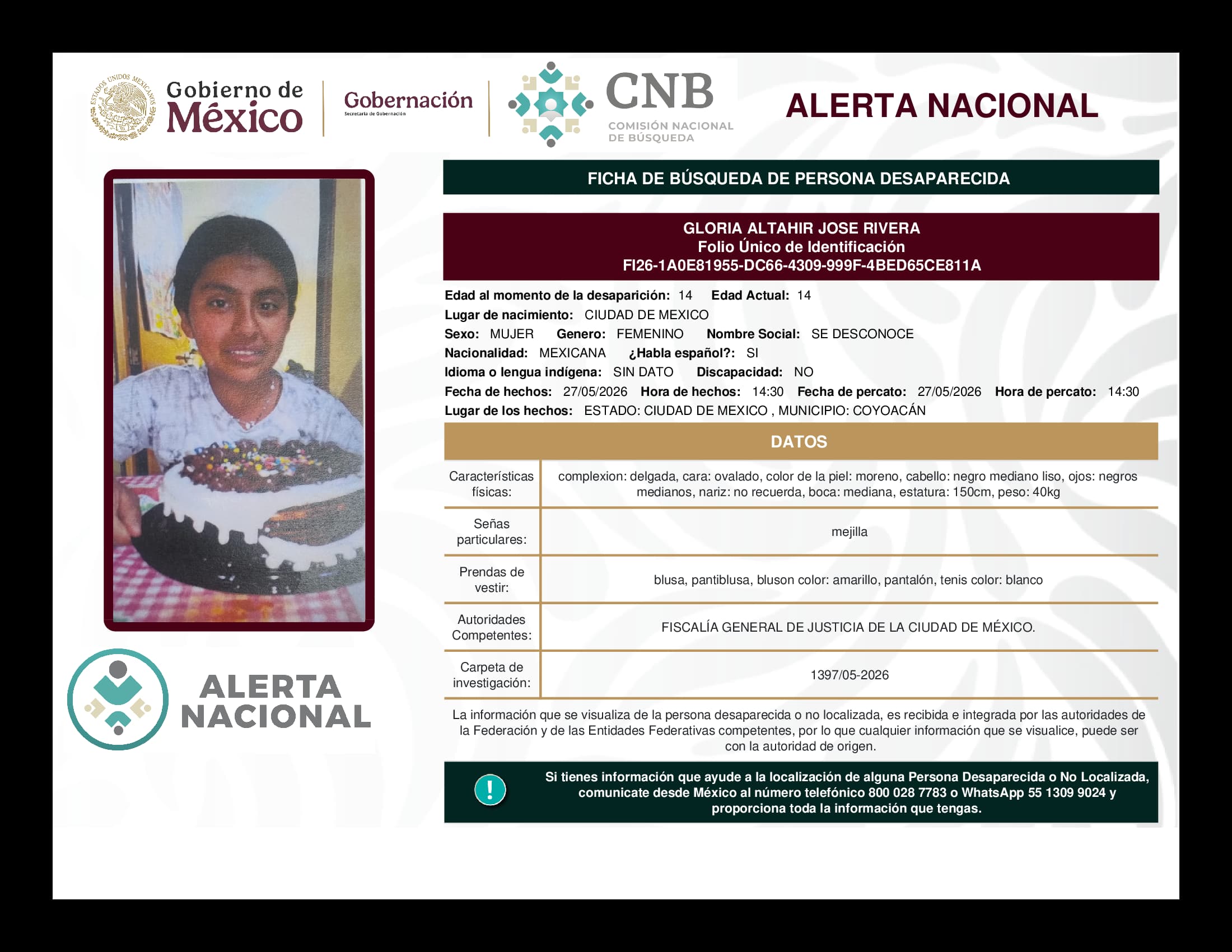 Persona desaparecida Gloria Altahir Jose Rivera