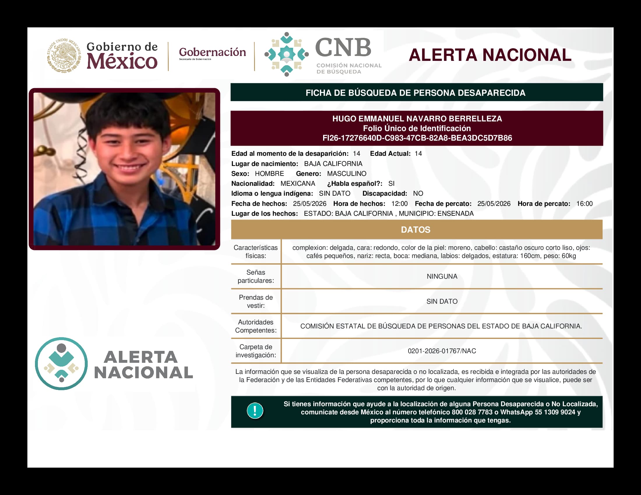 Persona desaparecida Hugo Emmanuel Navarro Berrelleza