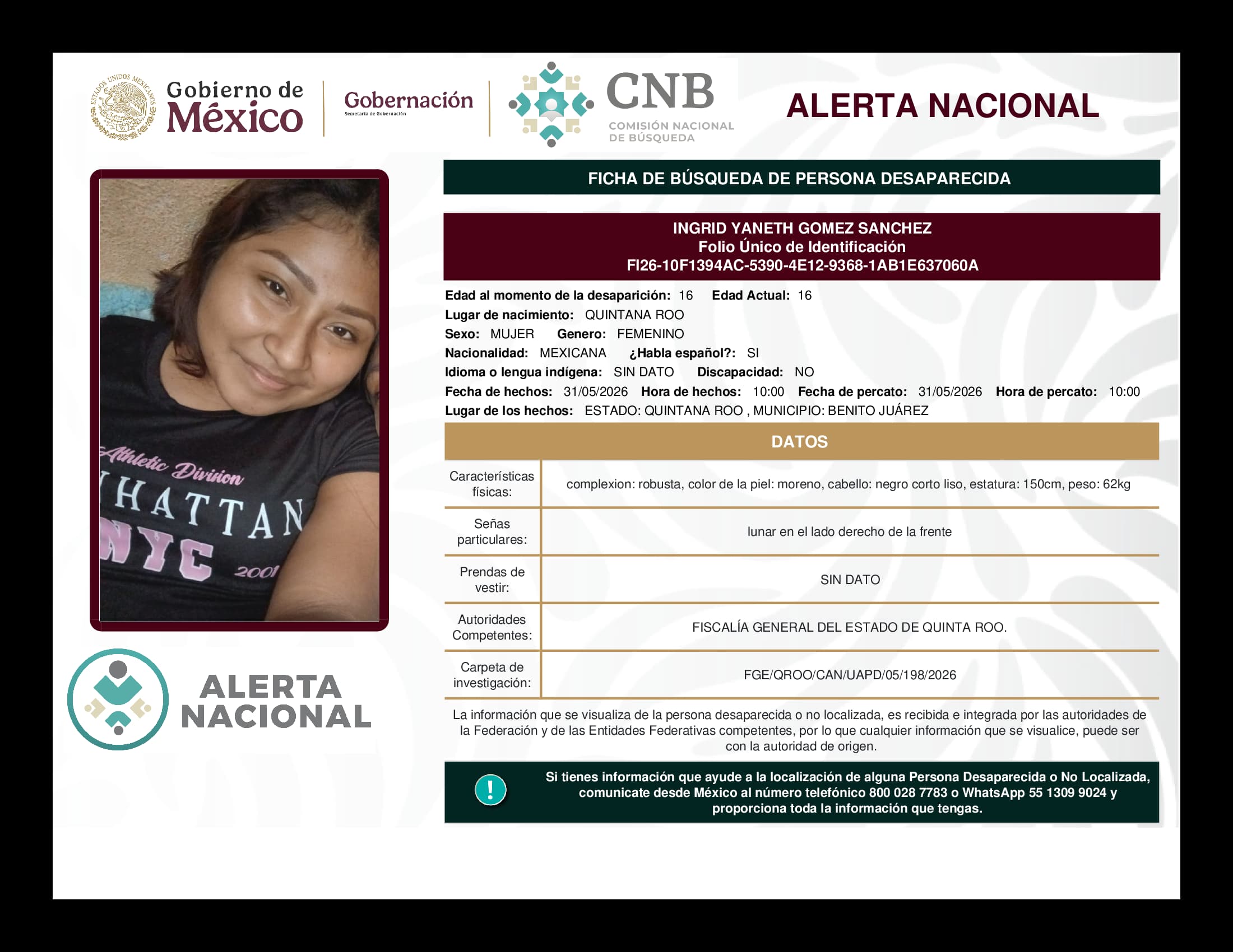 Persona desaparecida Ingrid Yaneth Gomez Sanchez