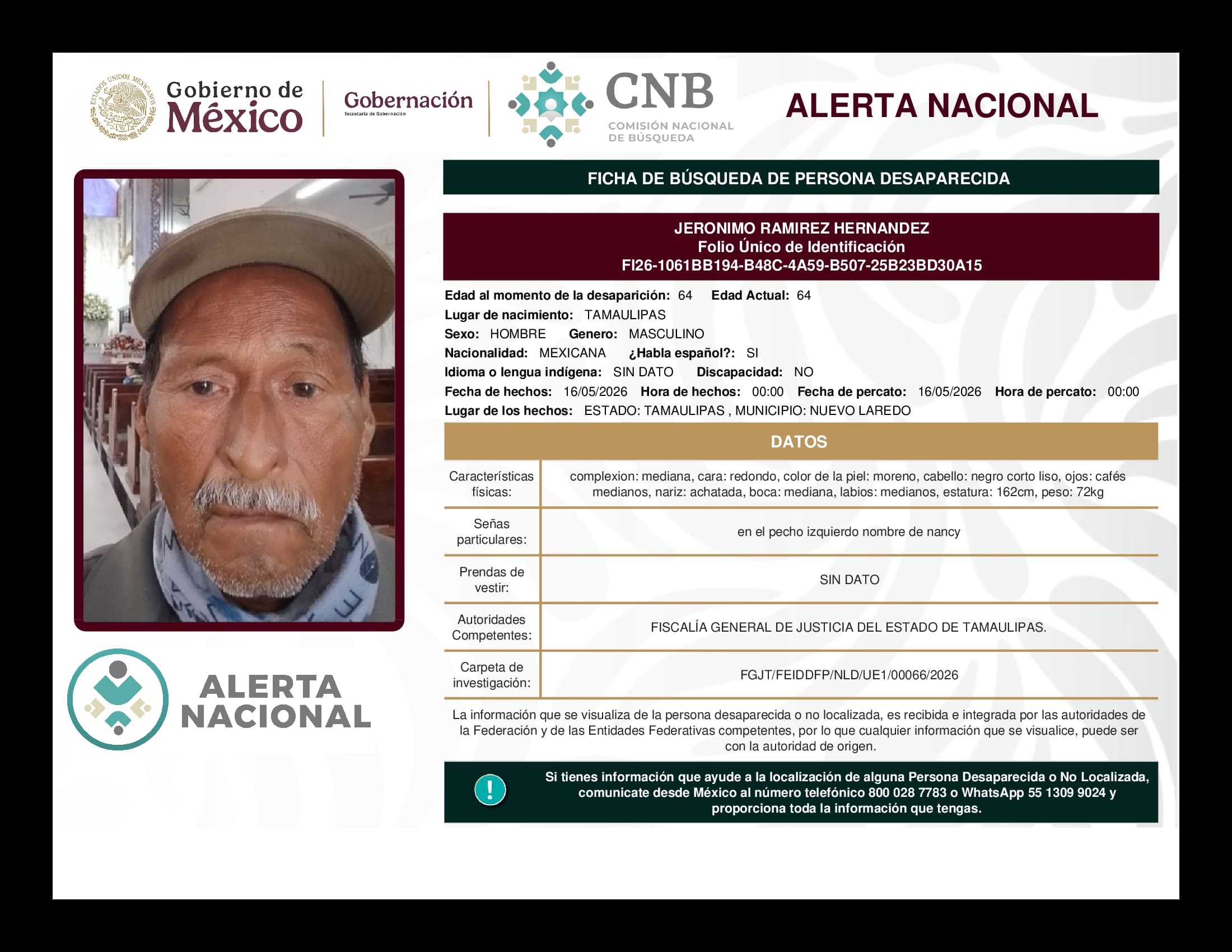 Persona desaparecida Jeronimo Ramirez Hernandez
