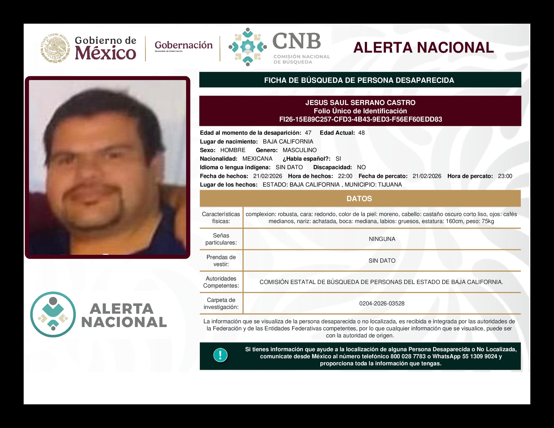 Persona desaparecida Jesus Saul Serrano Castro