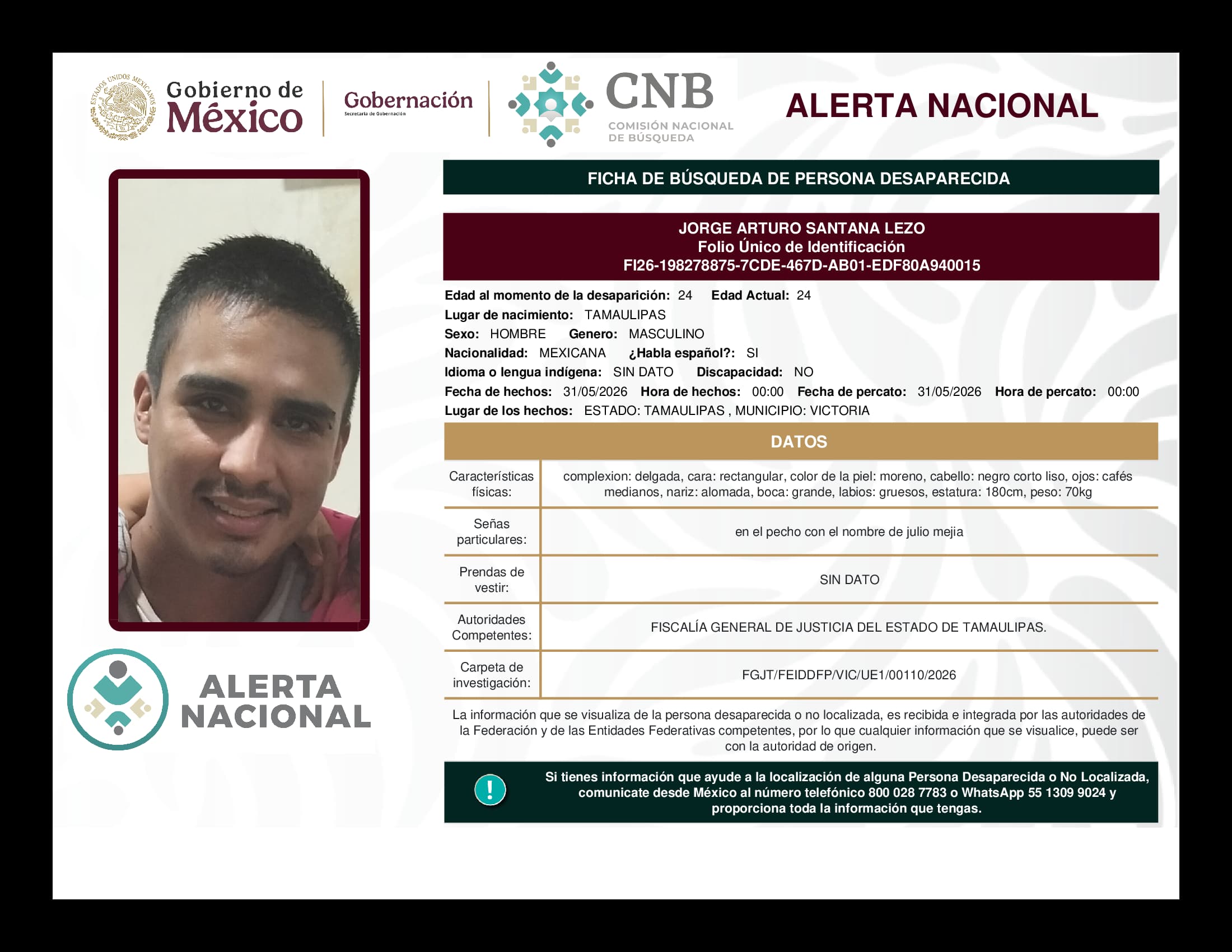 Persona desaparecida Jorge Arturo Santana Lezo