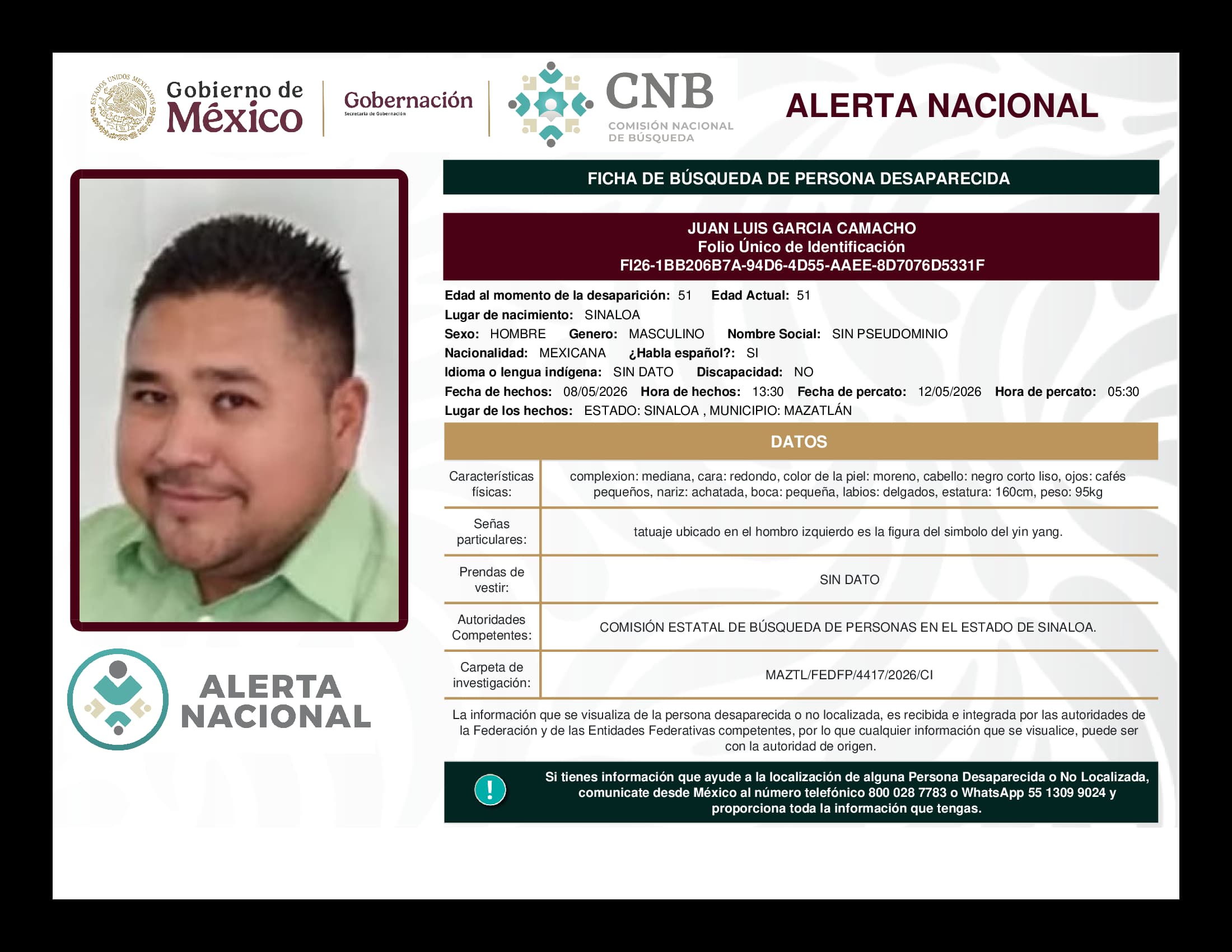 Persona desaparecida Juan Luis Garcia Camacho