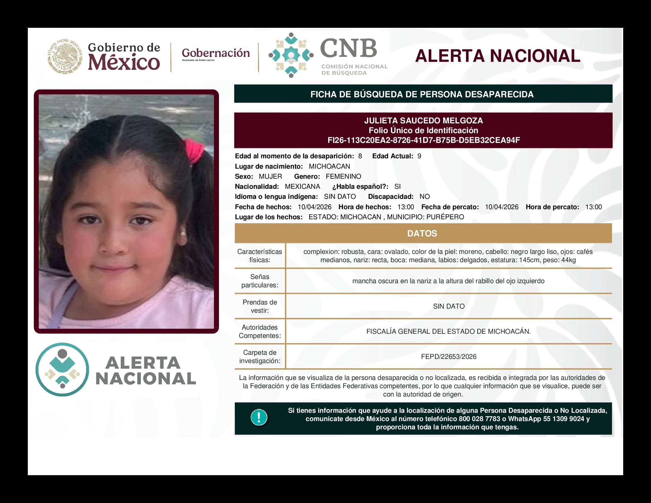 Persona desaparecida Julieta Saucedo Melgoza