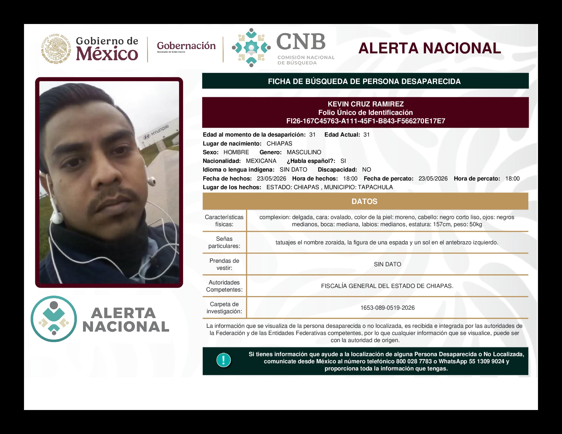 Persona desaparecida Kevin Cruz Ramirez