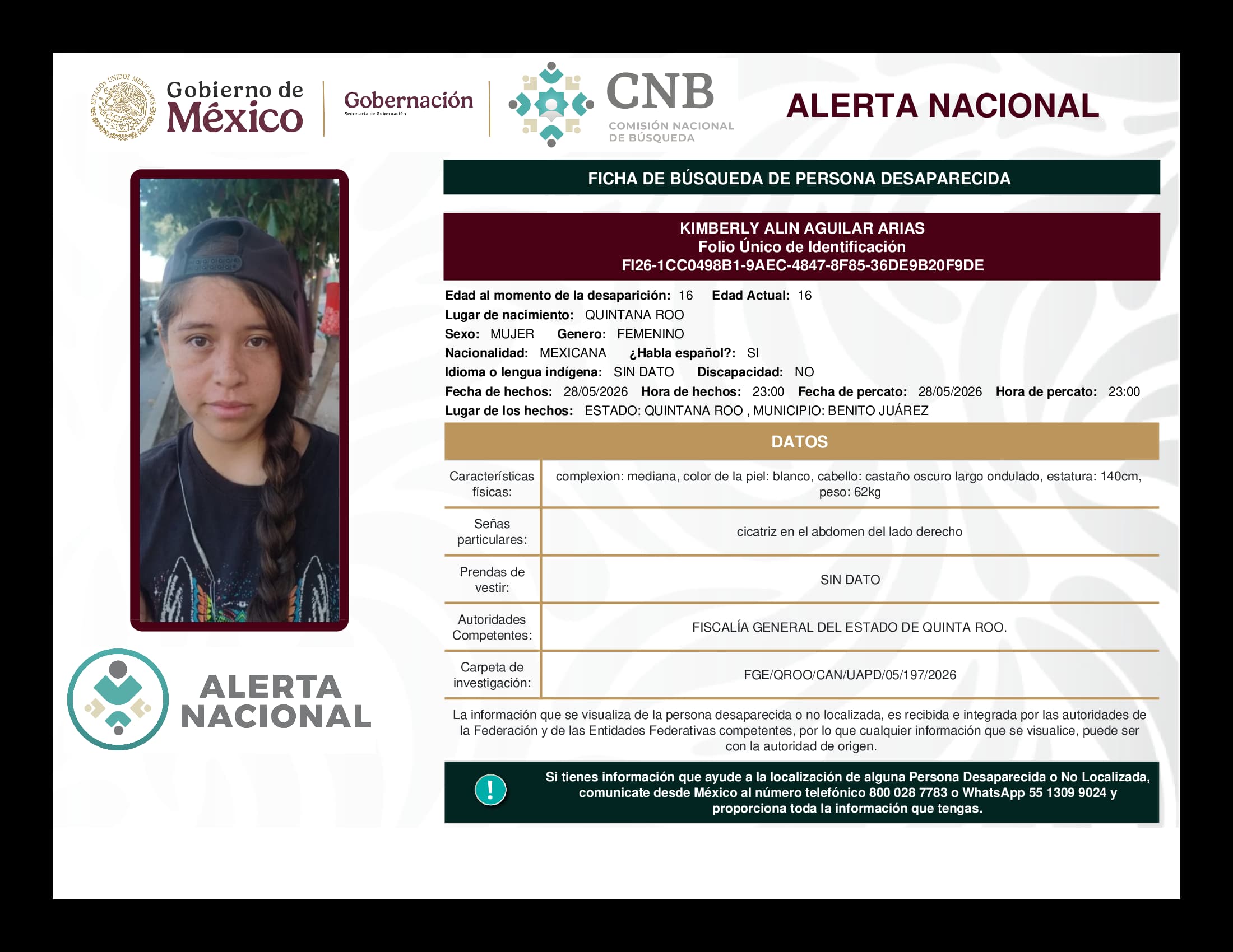Persona desaparecida Kimberly Alin Aguilar Arias