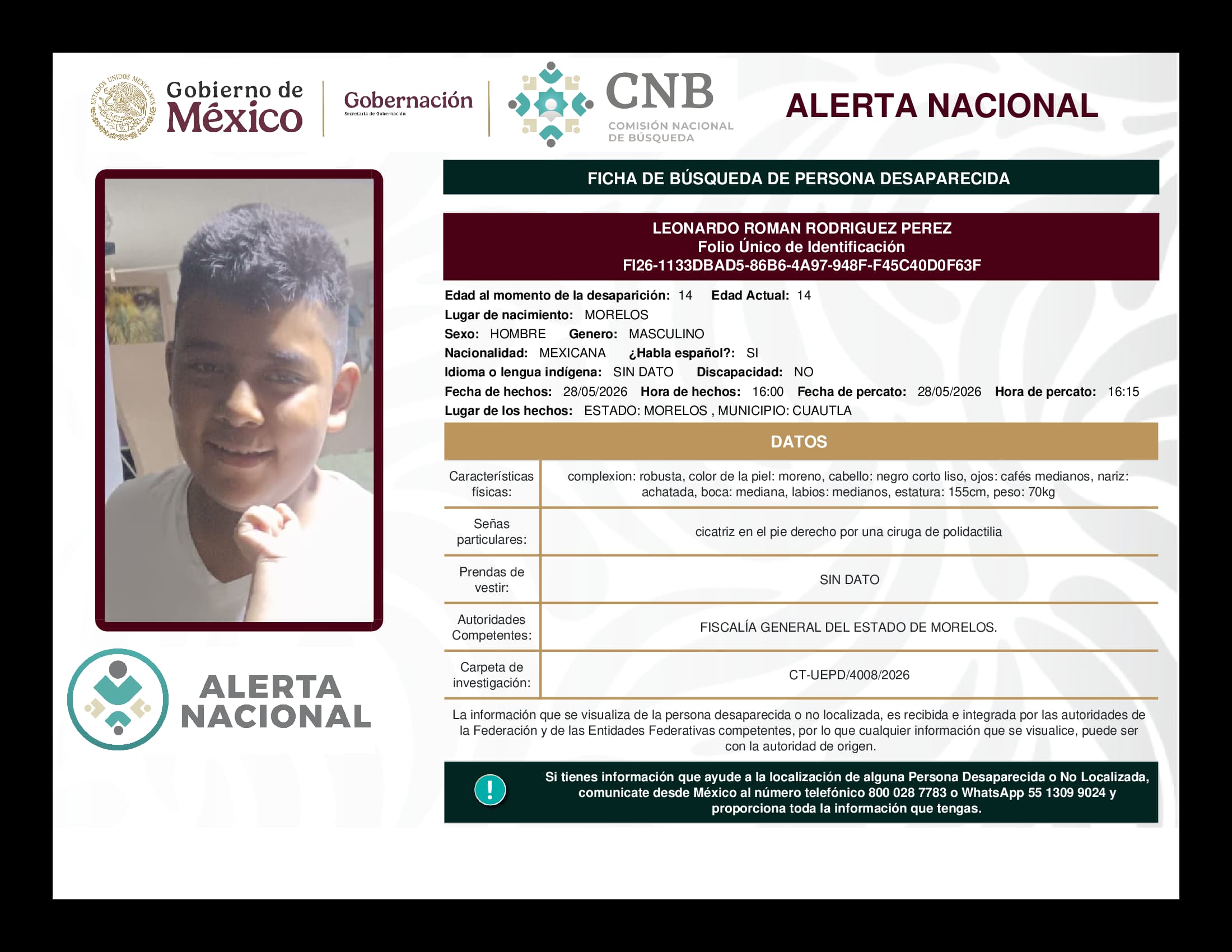 Persona desaparecida Leonardo Roman Rodriguez Perez