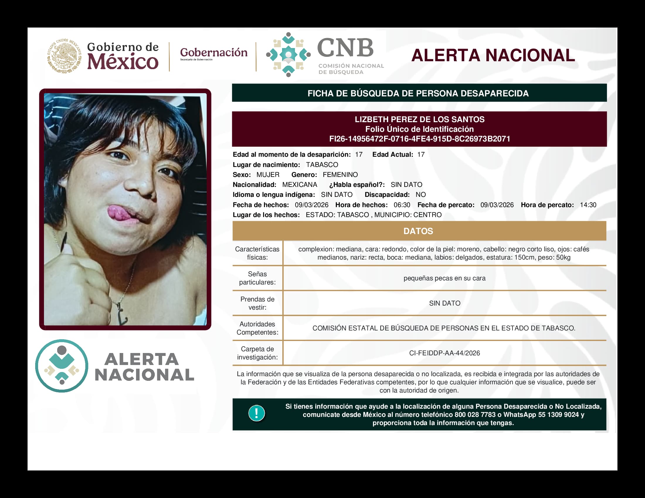 Persona desaparecida Lizbeth Perez De Los Santos