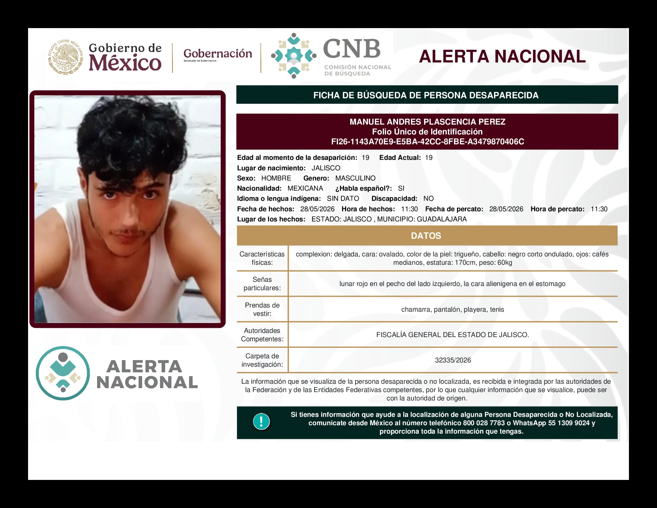 Persona desaparecida Manuel Andres Plascencia Perez