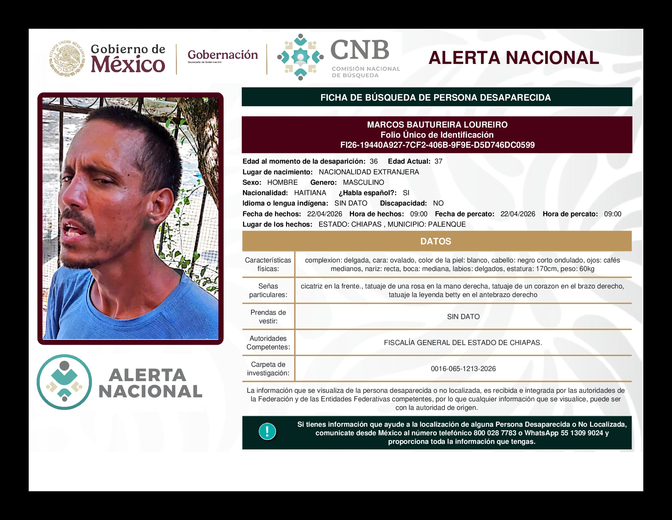 Persona desaparecida Marcos Bautureira Loureiro