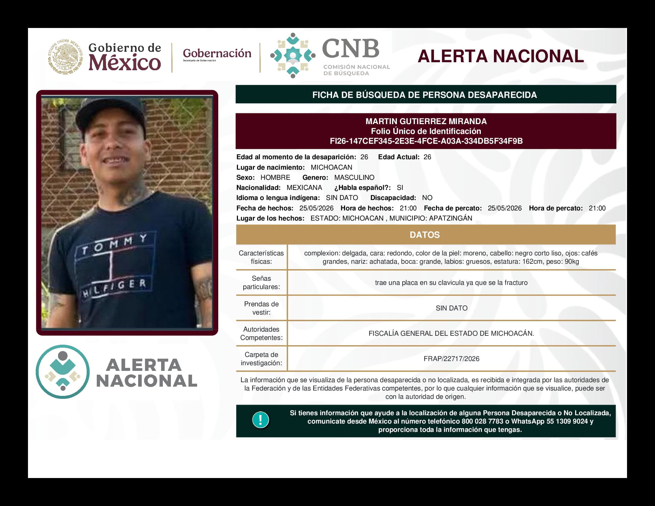 Persona desaparecida Martin Gutierrez Miranda