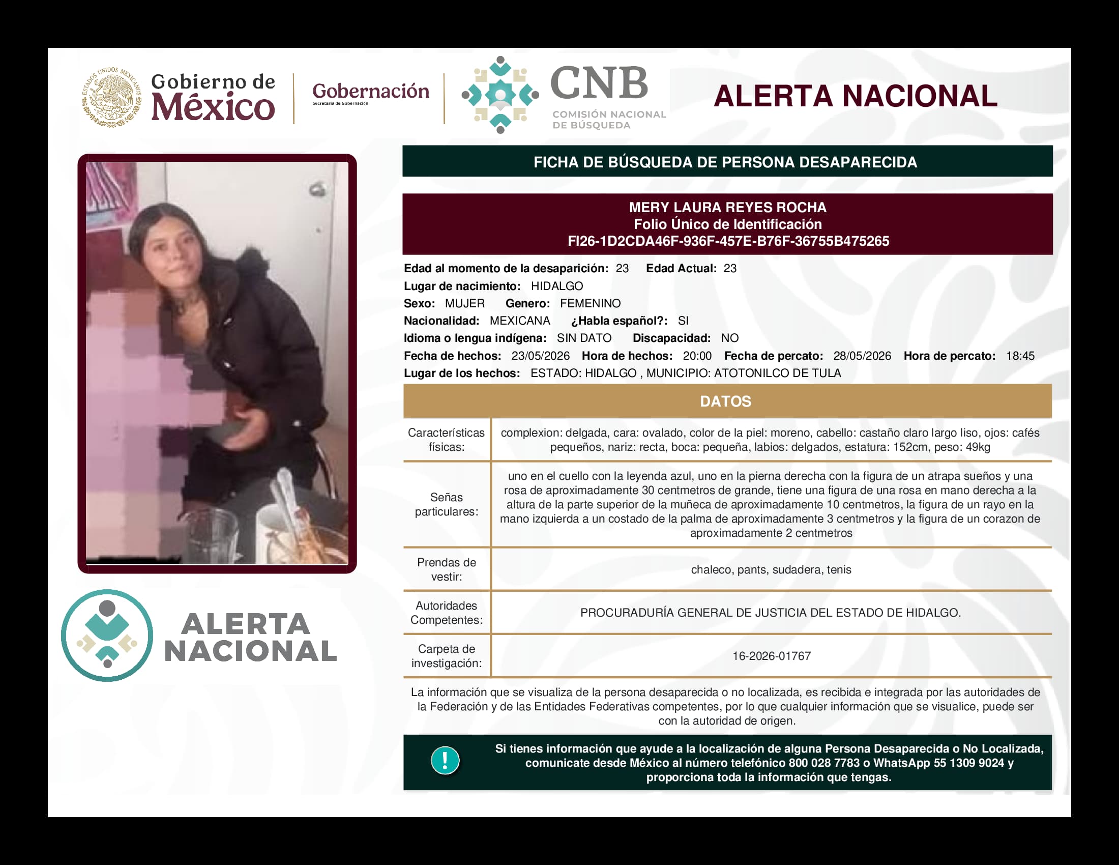 Persona desaparecida Mery Laura Reyes Rocha