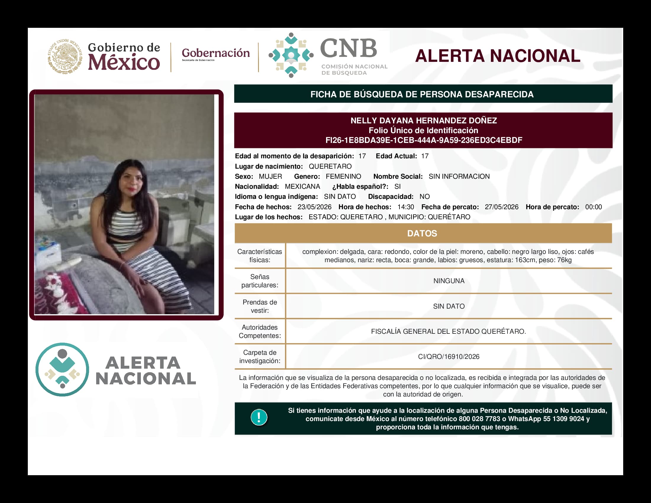 Persona desaparecida Nelly Dayana Hernandez Doñez