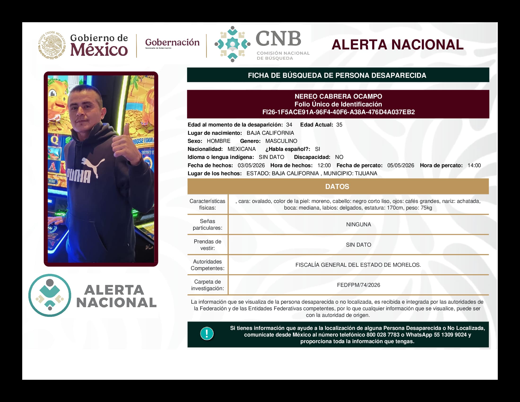 Persona desaparecida Nereo Cabrera Ocampo