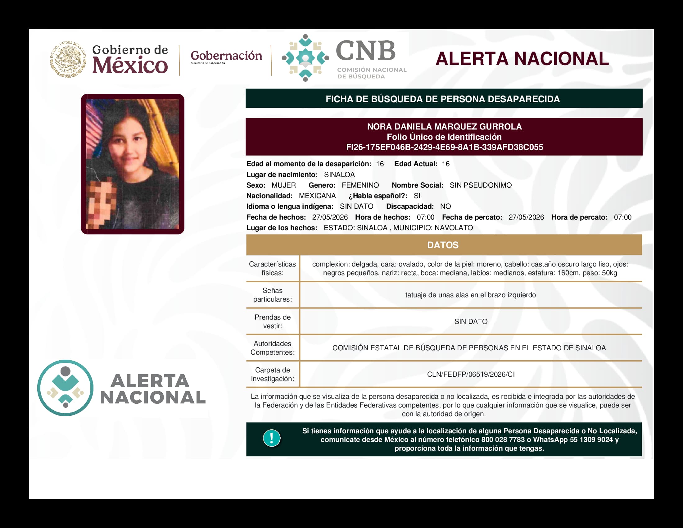 Persona desaparecida Nora Daniela Marquez Gurrola