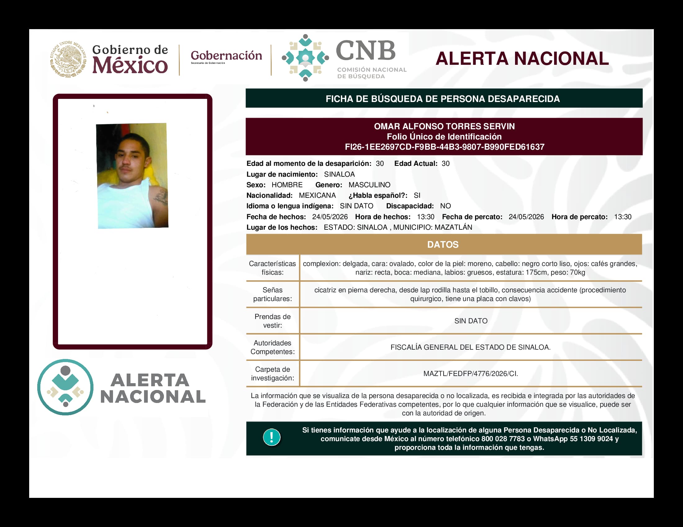 Persona desaparecida Omar Alfonso Torres Servin