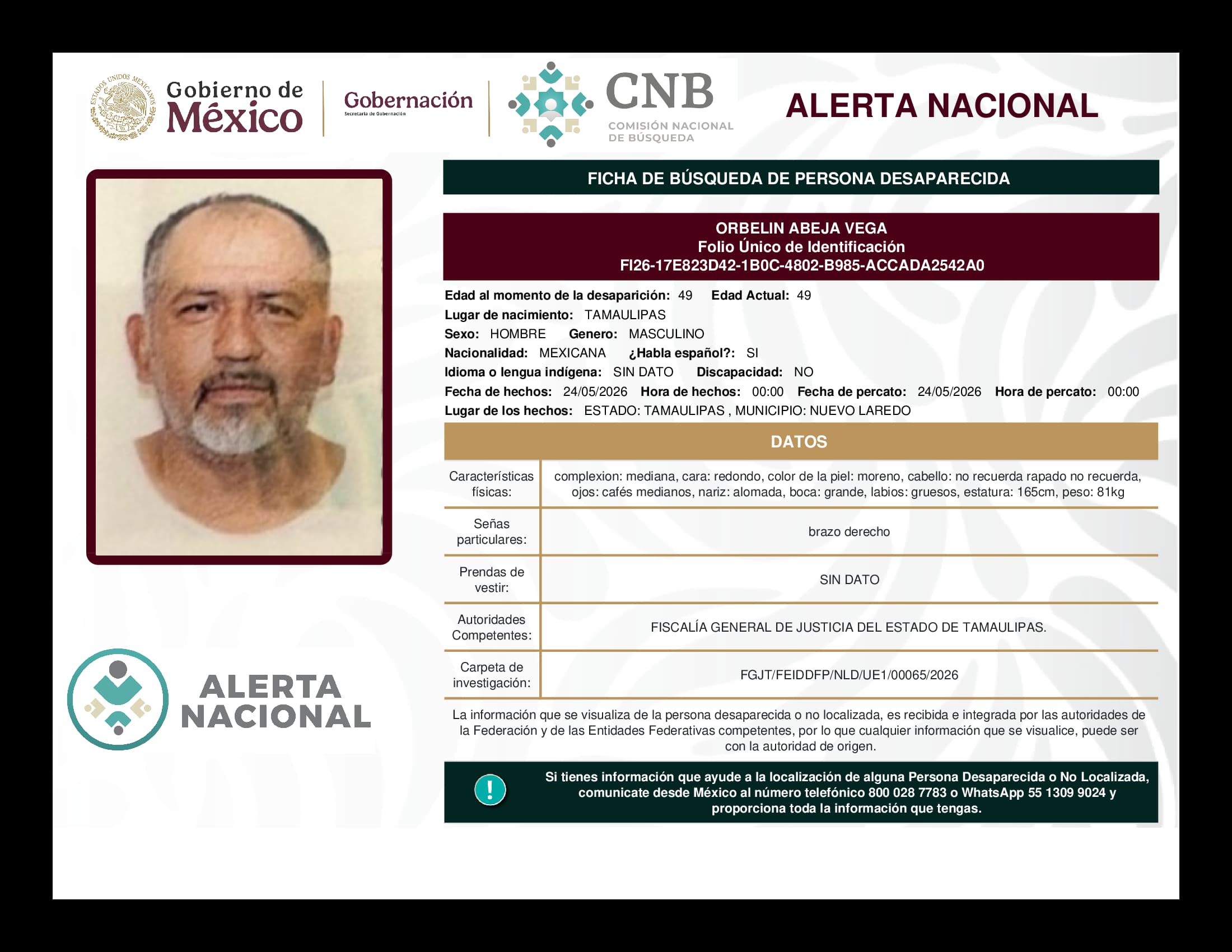 Persona desaparecida Orbelin Abeja Vega