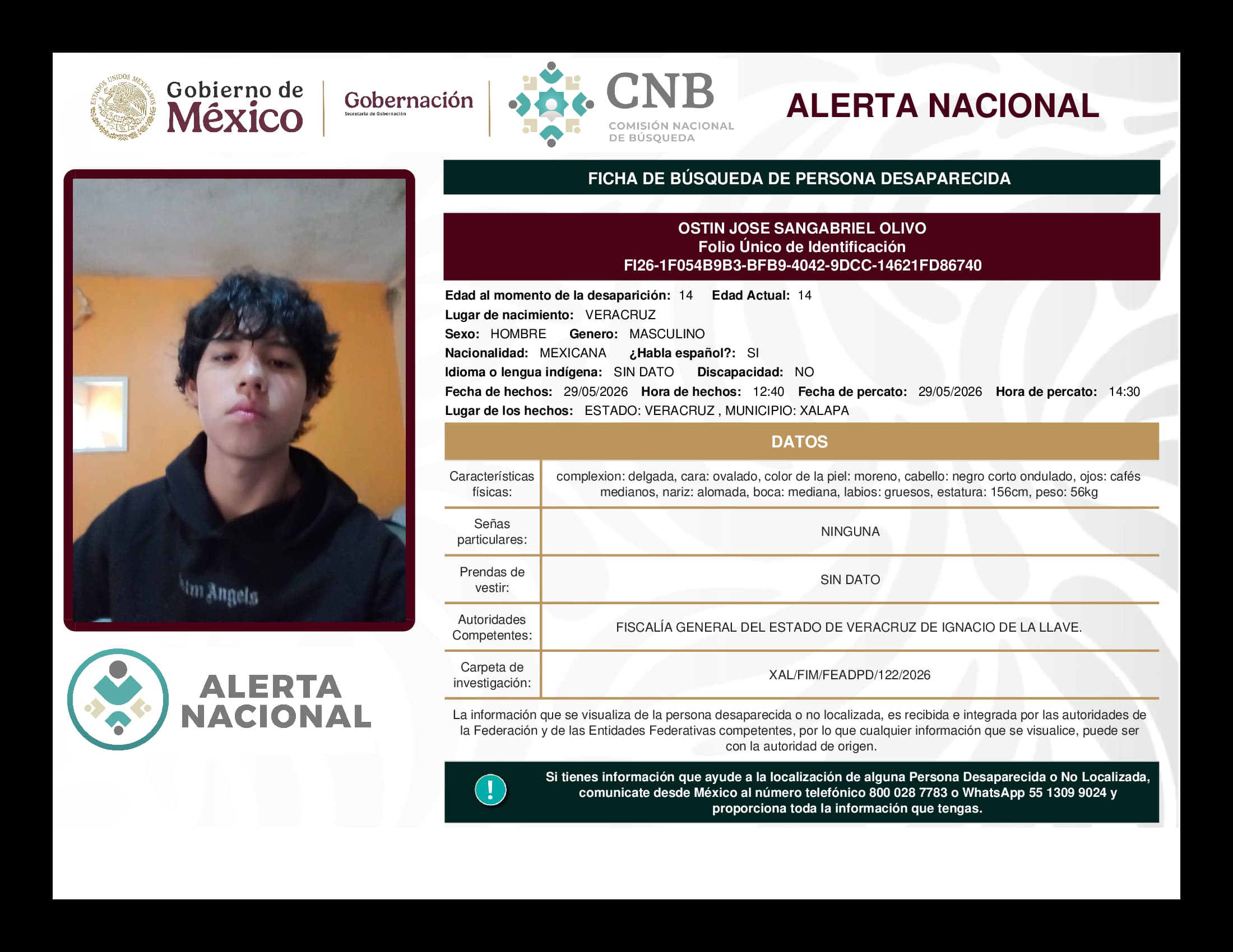 Persona desaparecida Ostin Jose Sangabriel Olivo