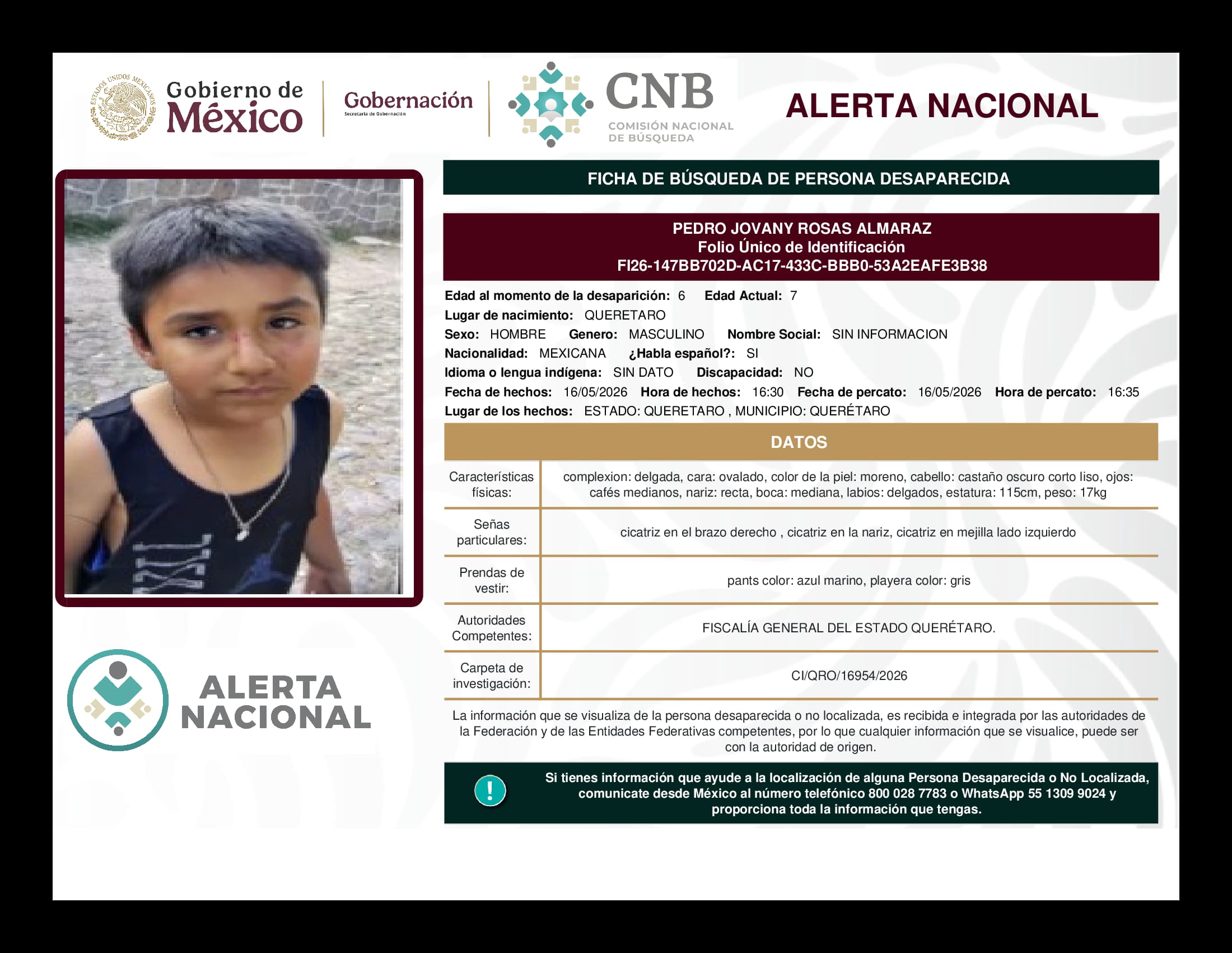 Persona desaparecida Pedro Jovany Rosas Almaraz