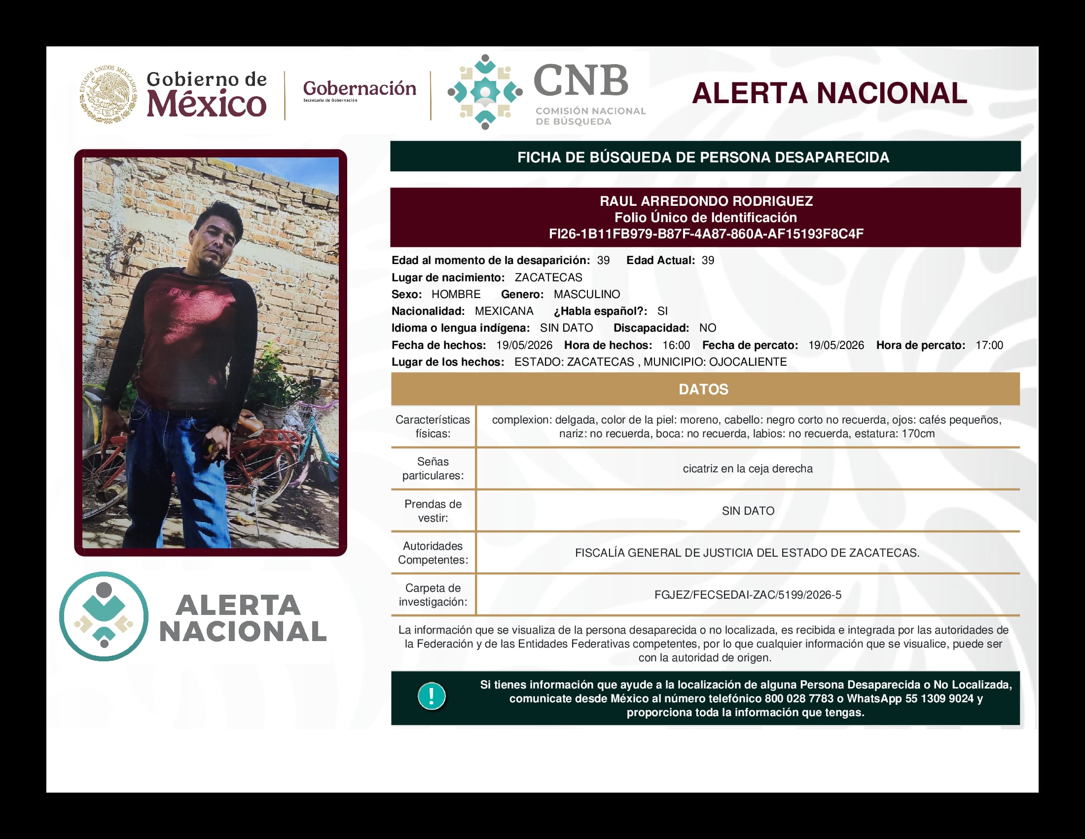 Persona desaparecida Raul Arredondo Rodriguez