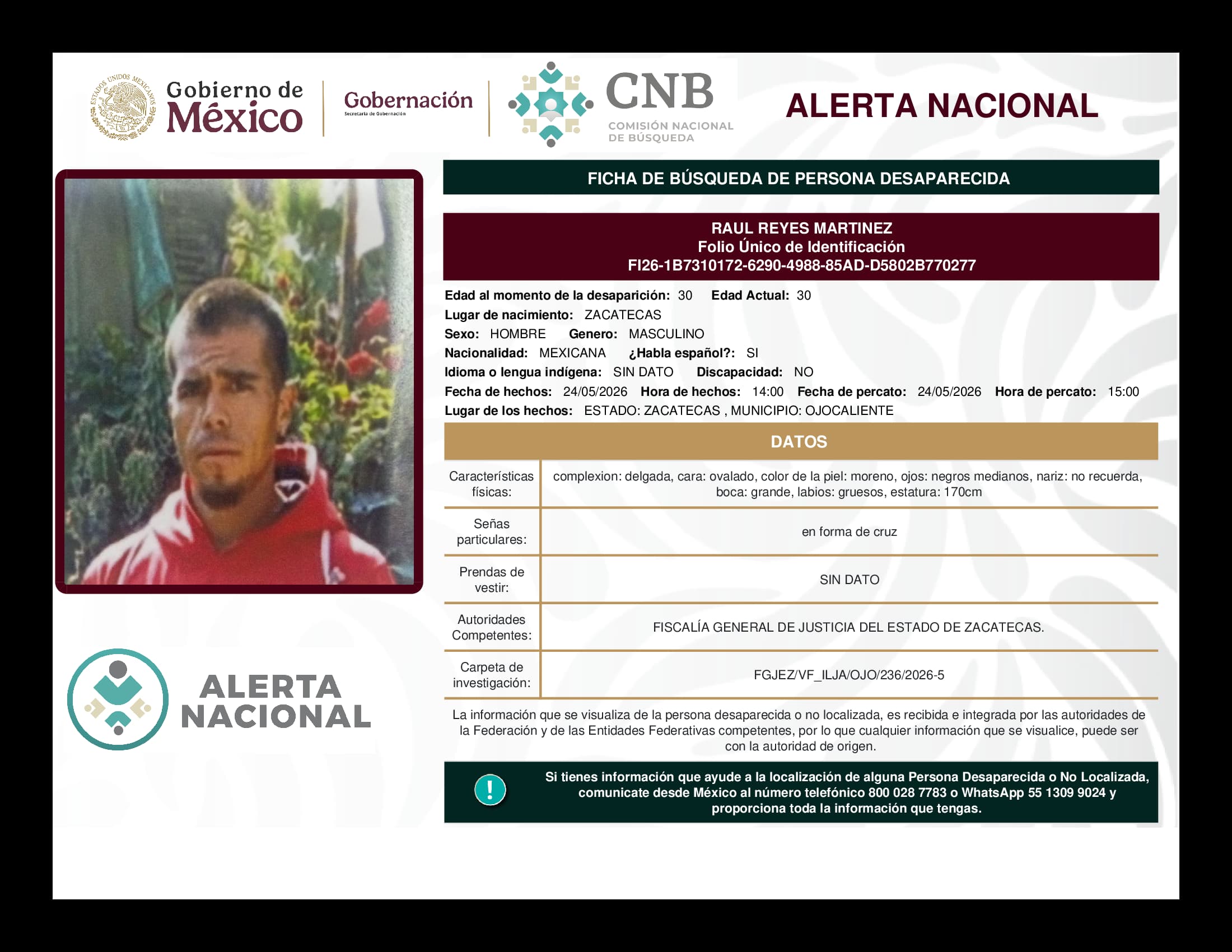 Persona desaparecida Raul Reyes Martinez