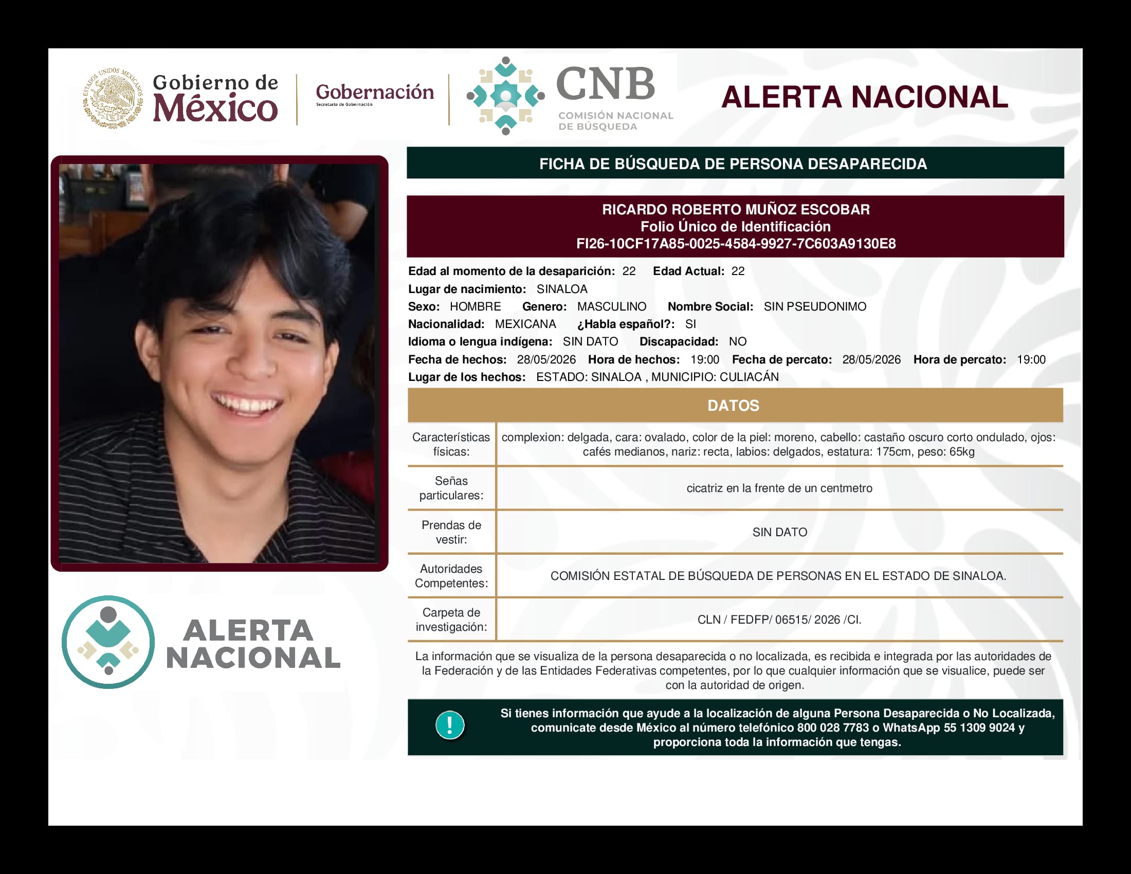 Persona desaparecida Ricardo Roberto Muñoz Escobar