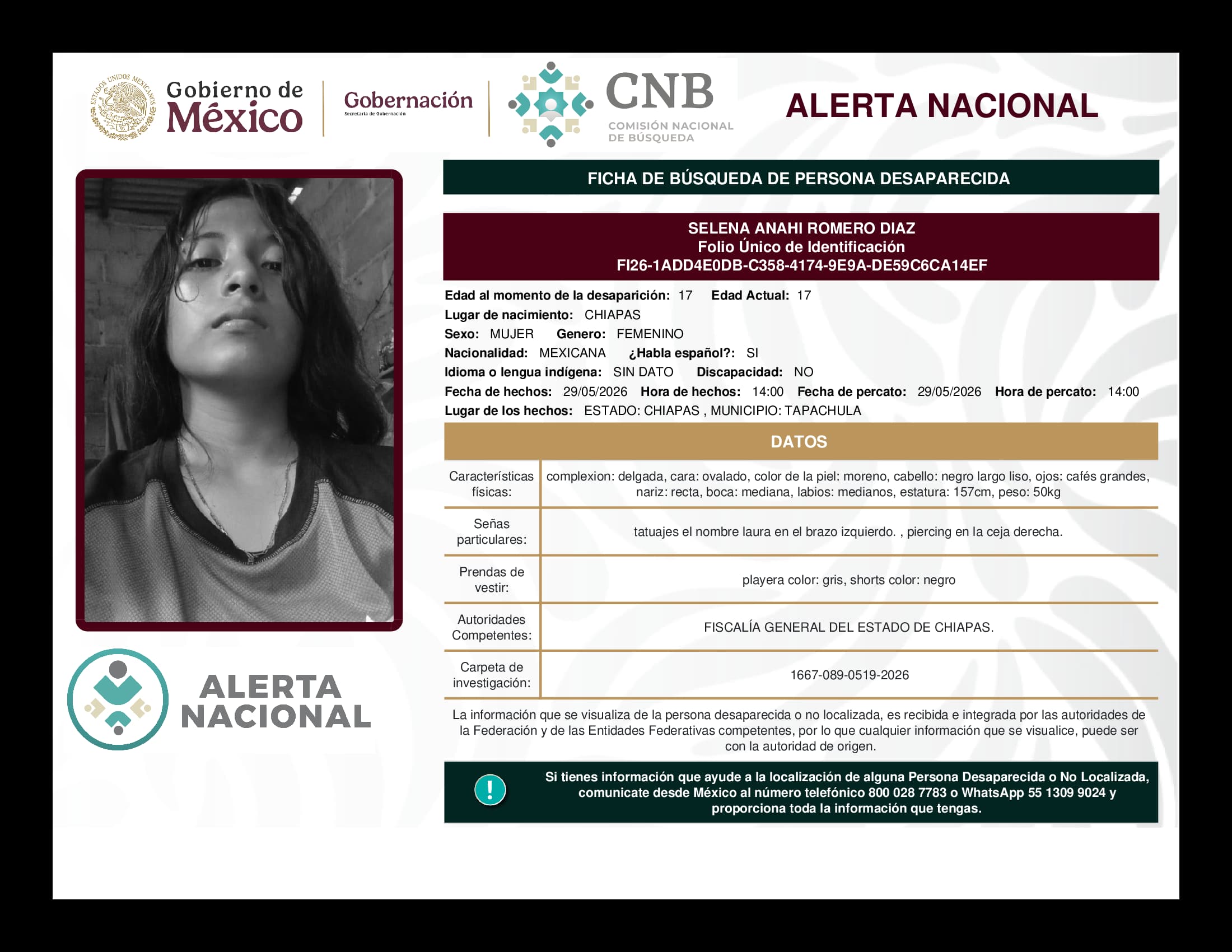 Persona desaparecida Selena Anahi Romero Diaz