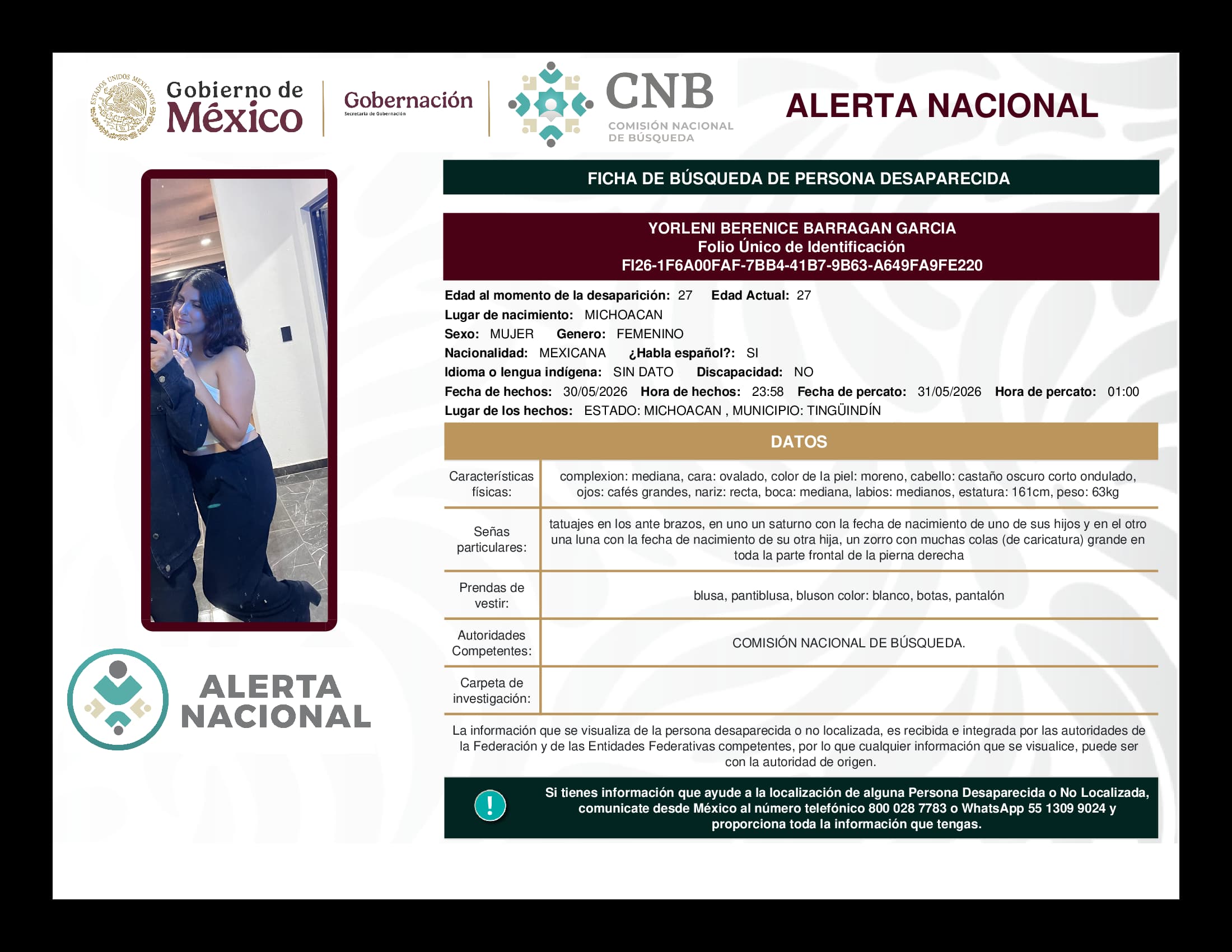 Persona desaparecida Yorleni Berenice Barragan Garcia
