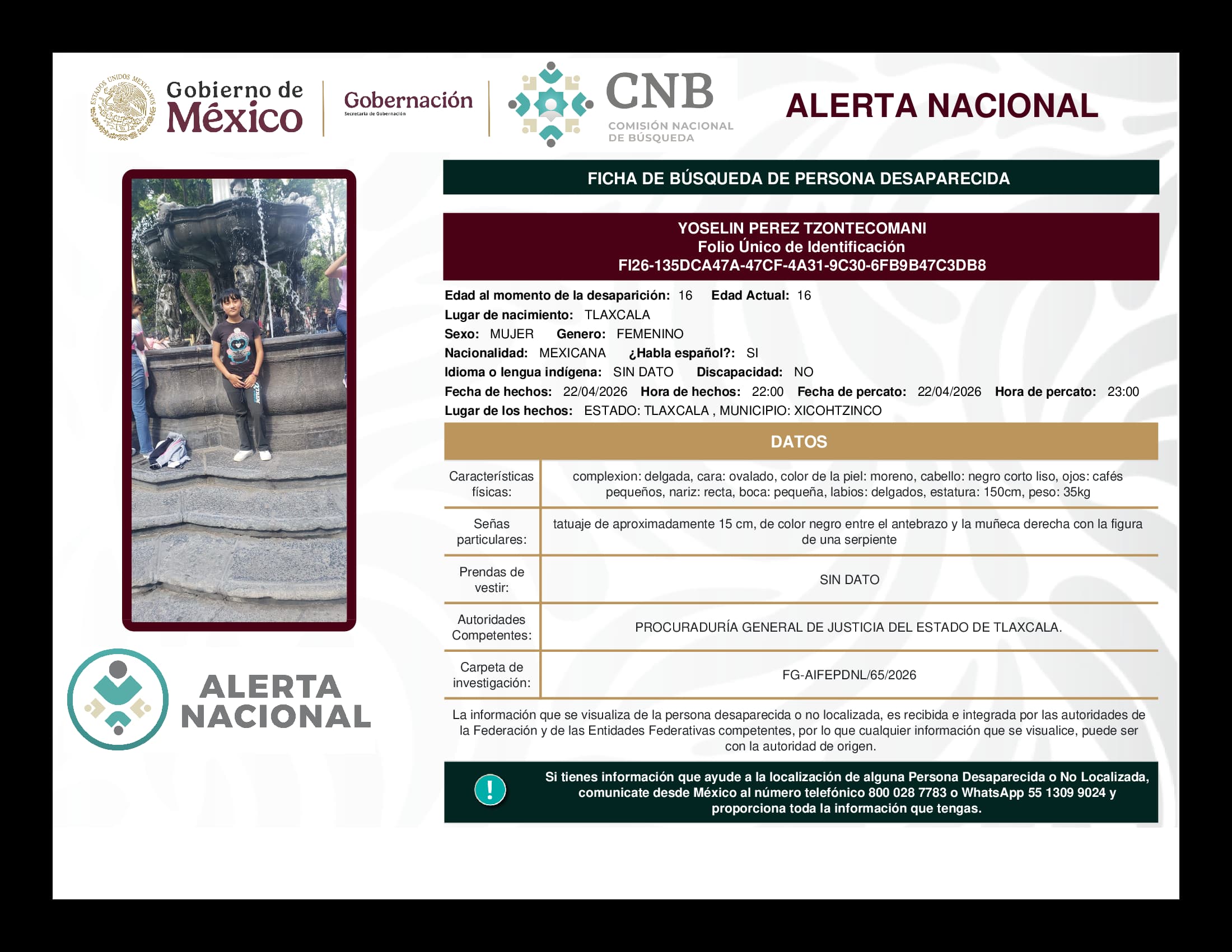 Persona desaparecida Yoselin Perez Tzontecomani