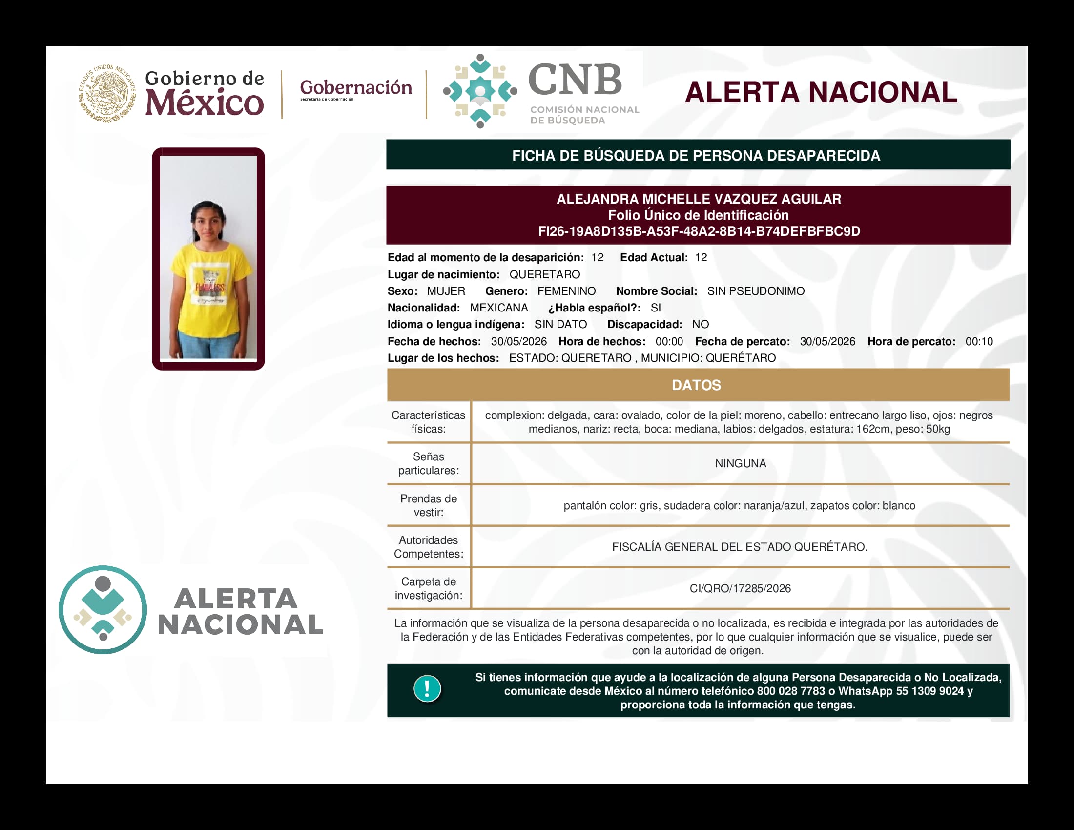 Persona desaparecida Alejandra Michelle Vazquez Aguilar