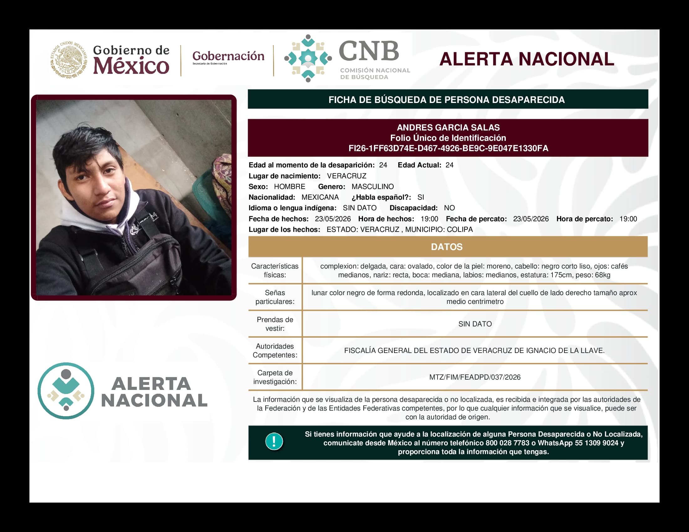 Persona desaparecida Andres Garcia Salas