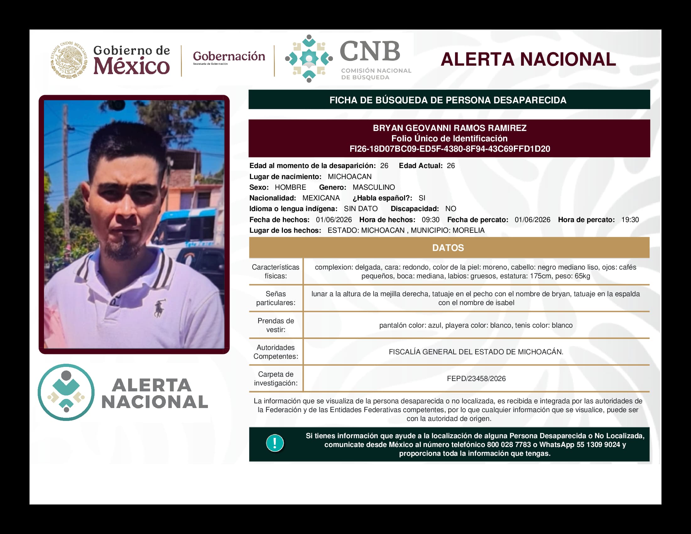 Persona desaparecida Bryan Geovanni Ramos Ramirez