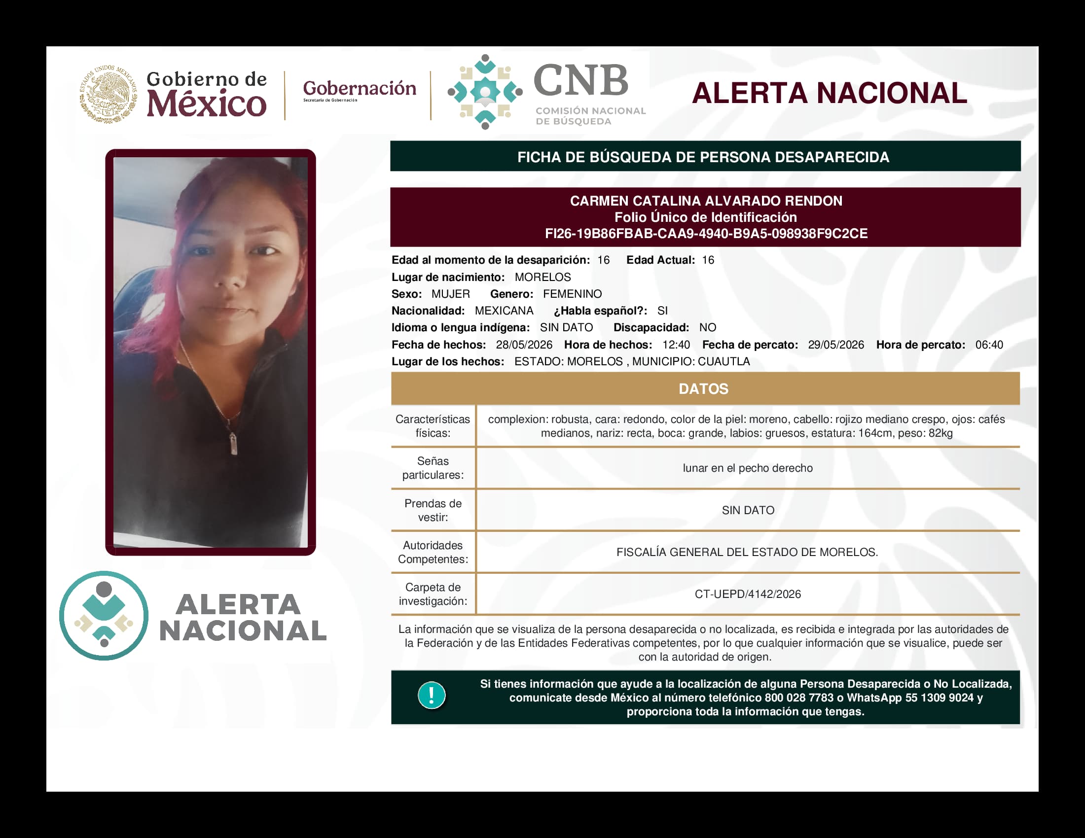 Persona desaparecida Carmen Catalina Alvarado Rendon