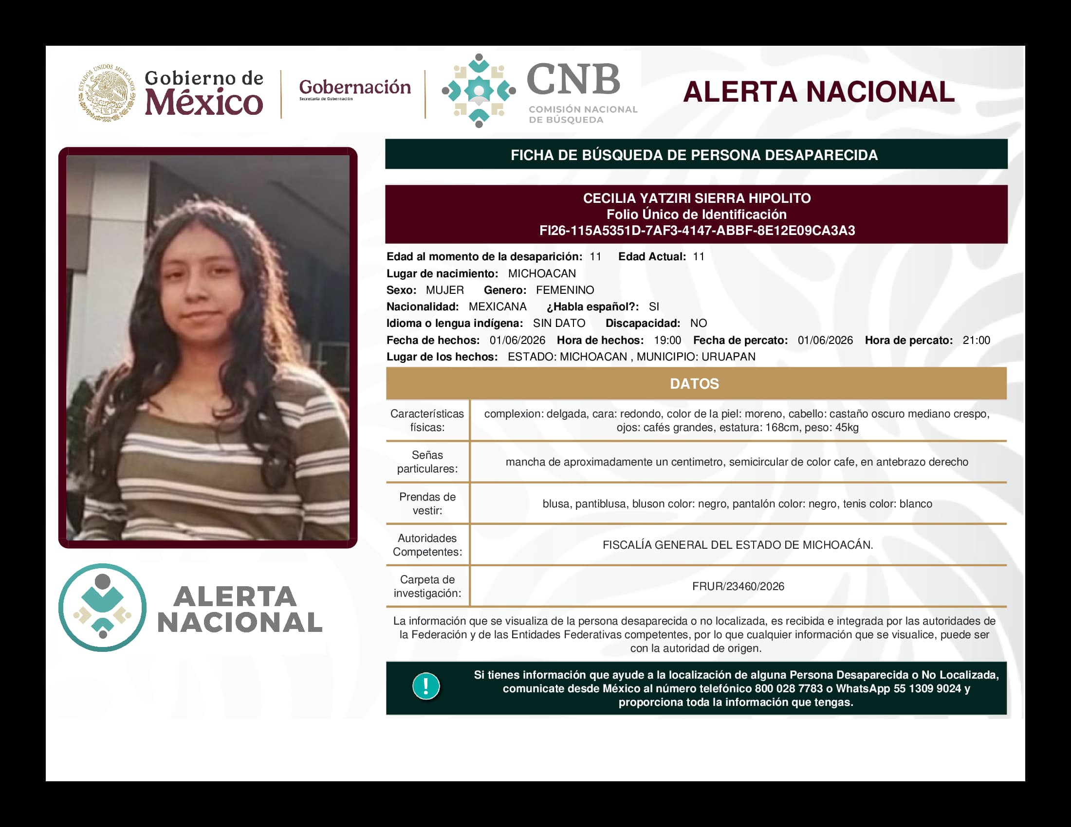 Persona desaparecida Cecilia Yatziri Sierra Hipolito