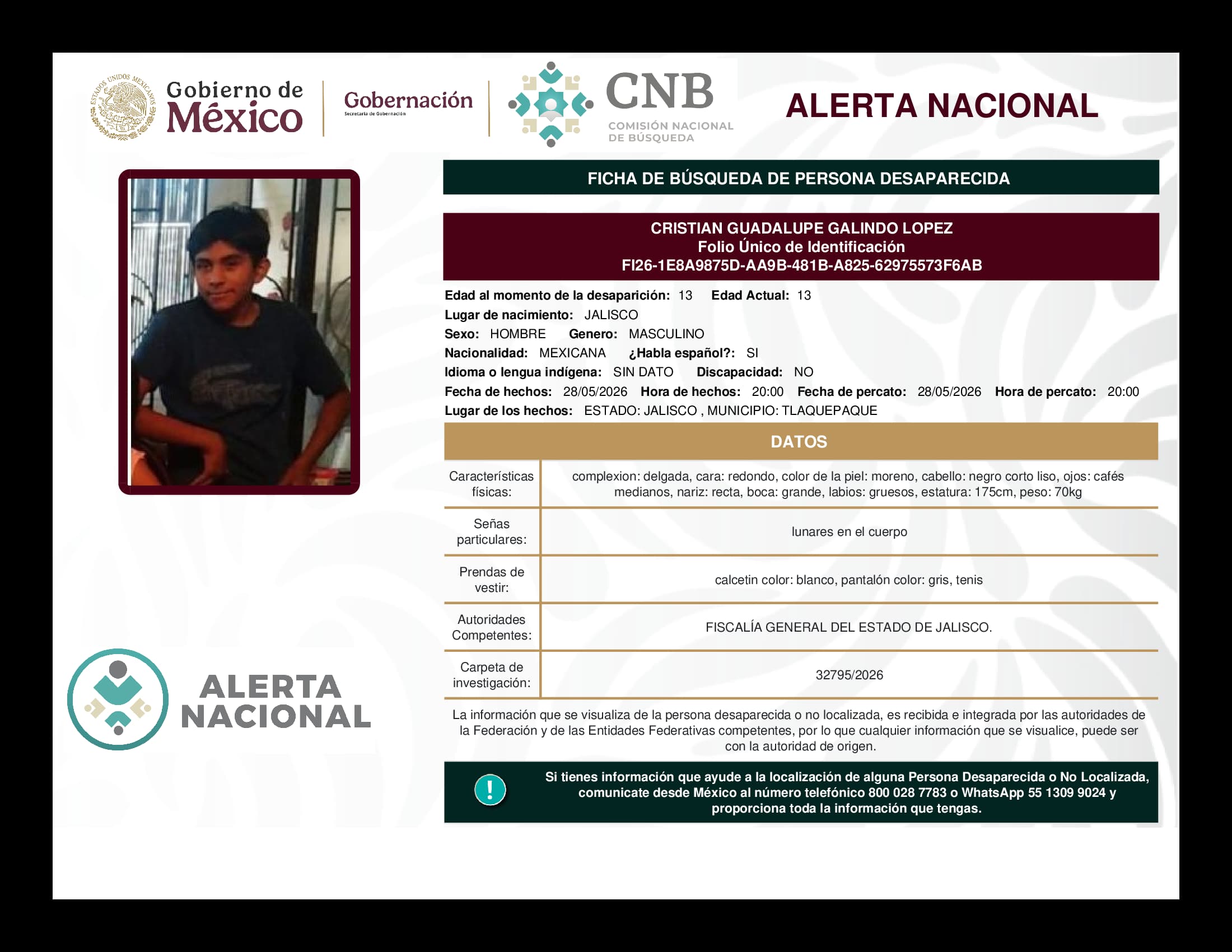 Persona desaparecida Cristian Guadalupe Galindo Lopez