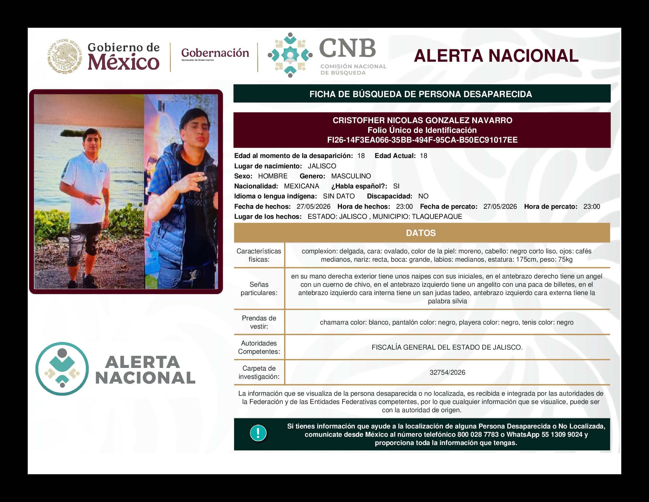 Persona desaparecida Cristofher Nicolas Gonzalez Navarro