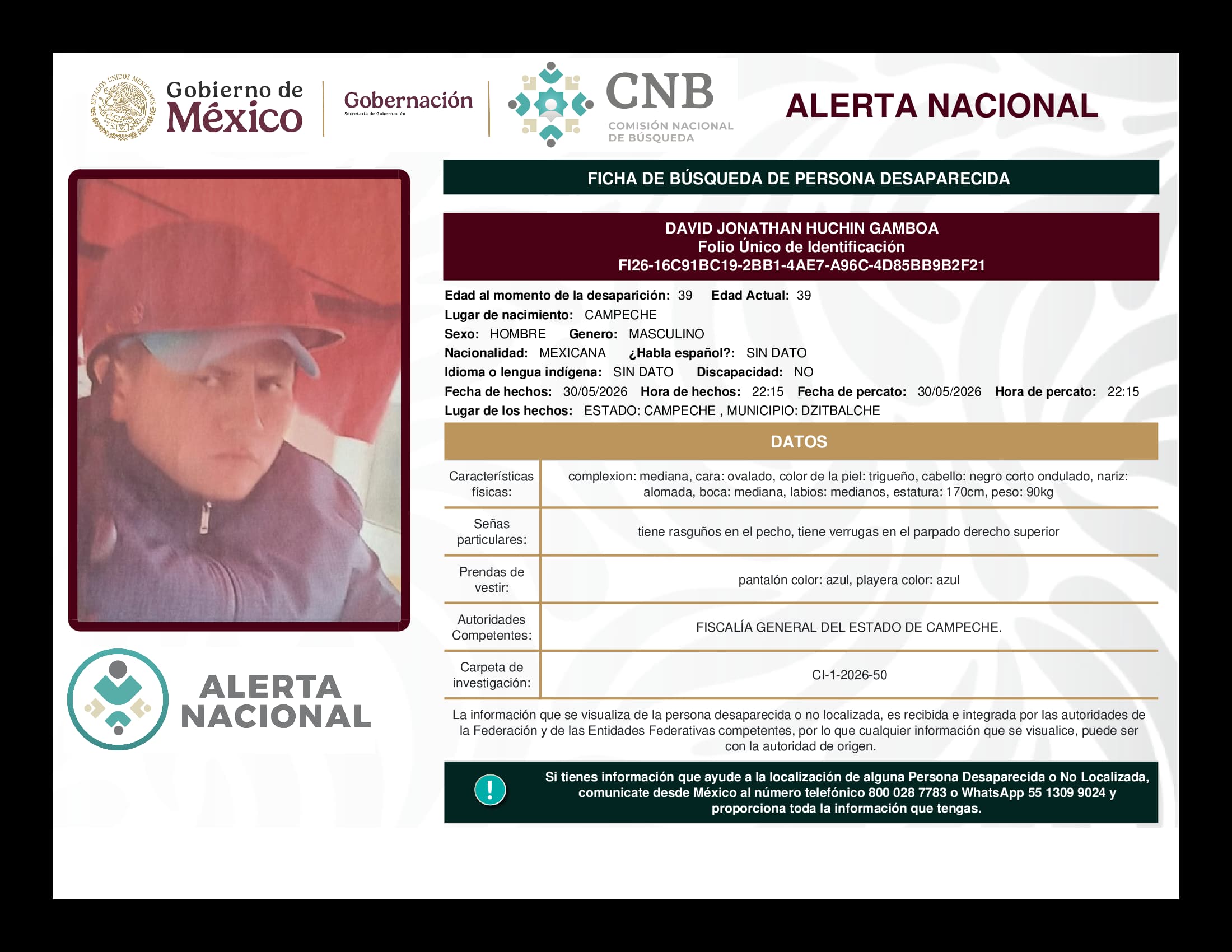 Persona desaparecida David Jonathan Huchin Gamboa