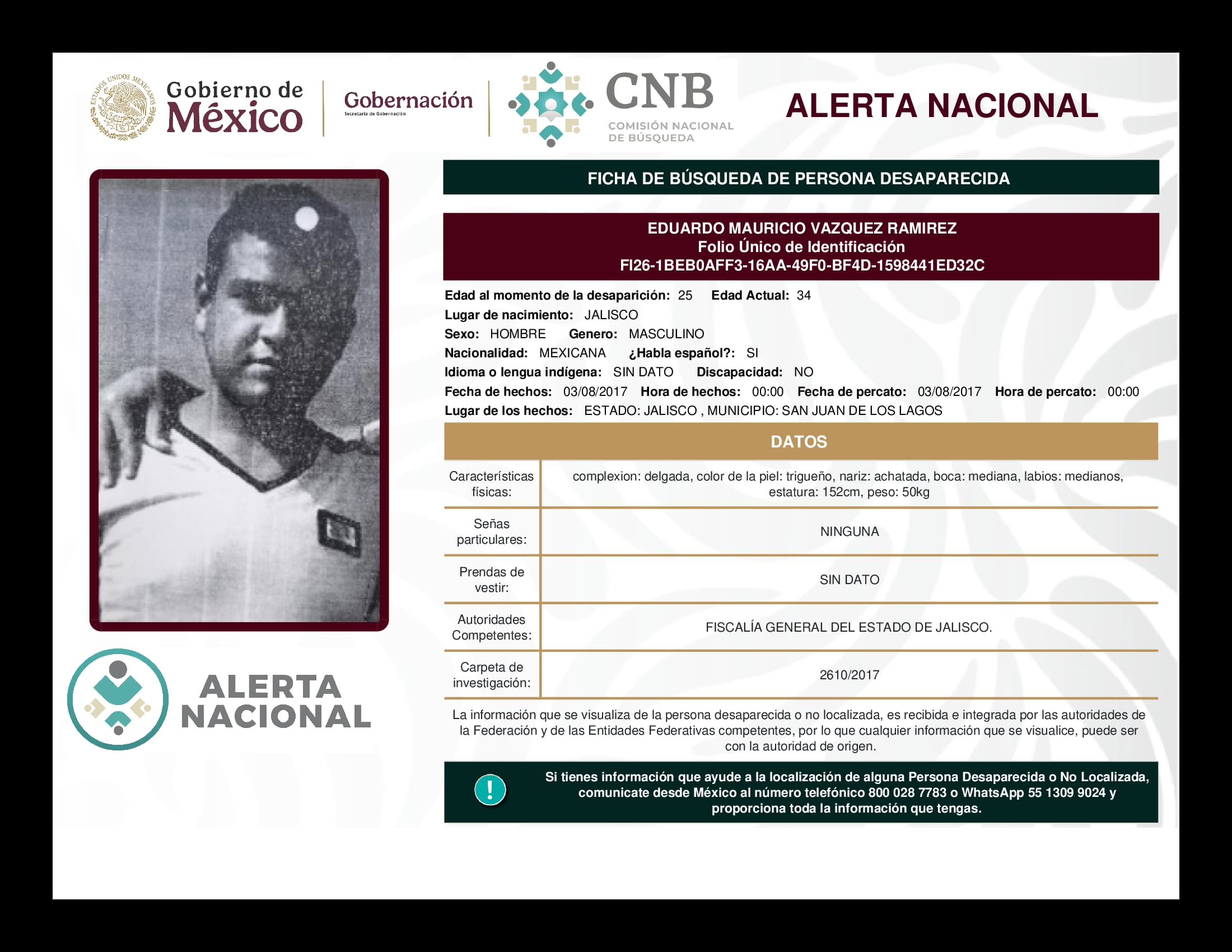 Persona desaparecida Eduardo Mauricio Vazquez Ramirez