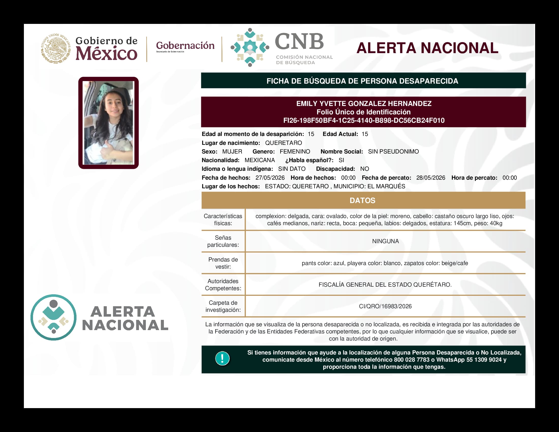 Persona desaparecida Emily Yvette Gonzalez Hernandez