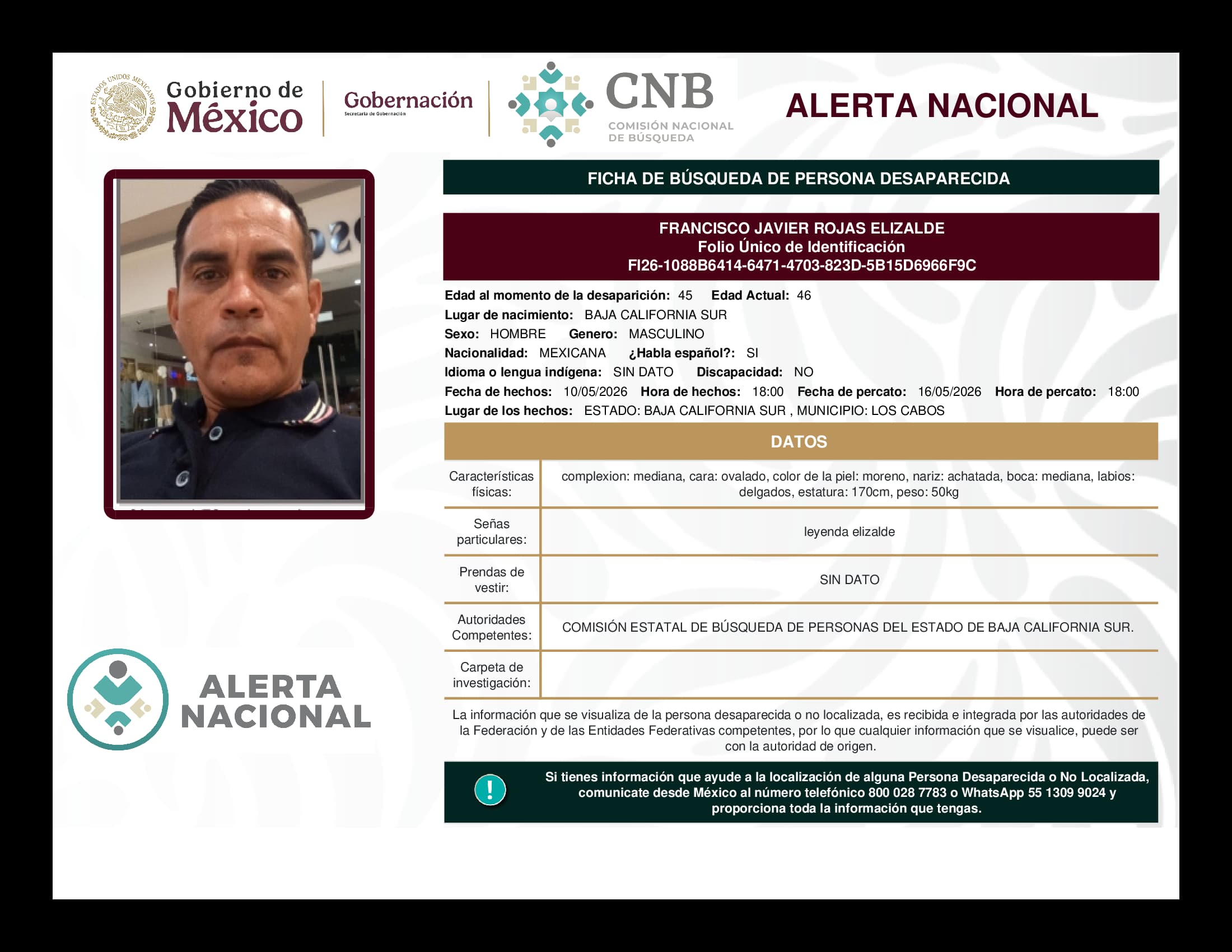 Persona desaparecida Francisco Javier Rojas Elizalde