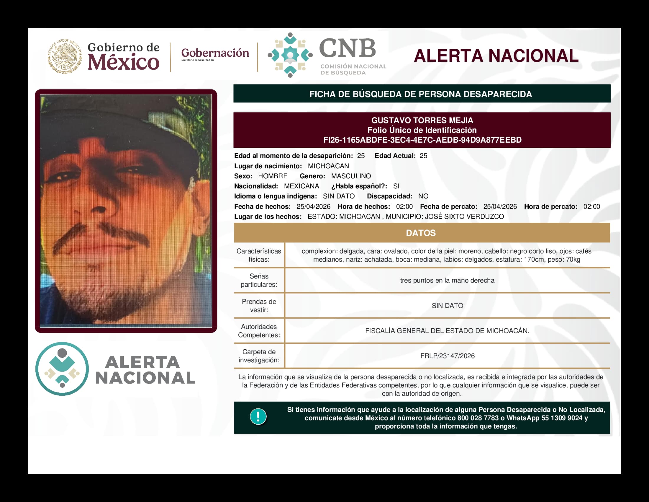 Persona desaparecida Gustavo Torres Mejia