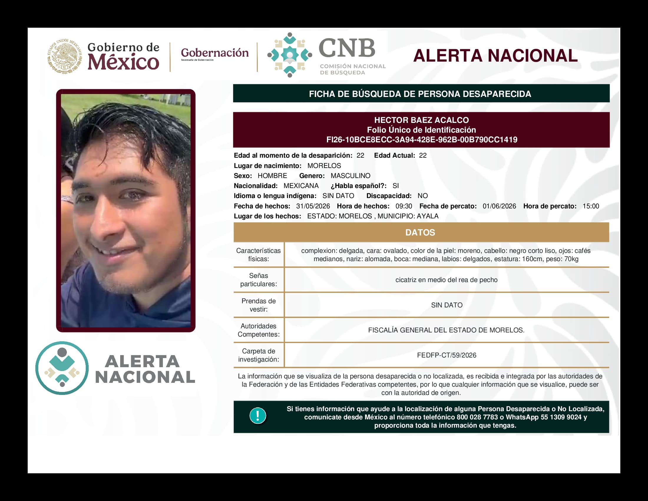 Persona desaparecida Hector Baez Acalco