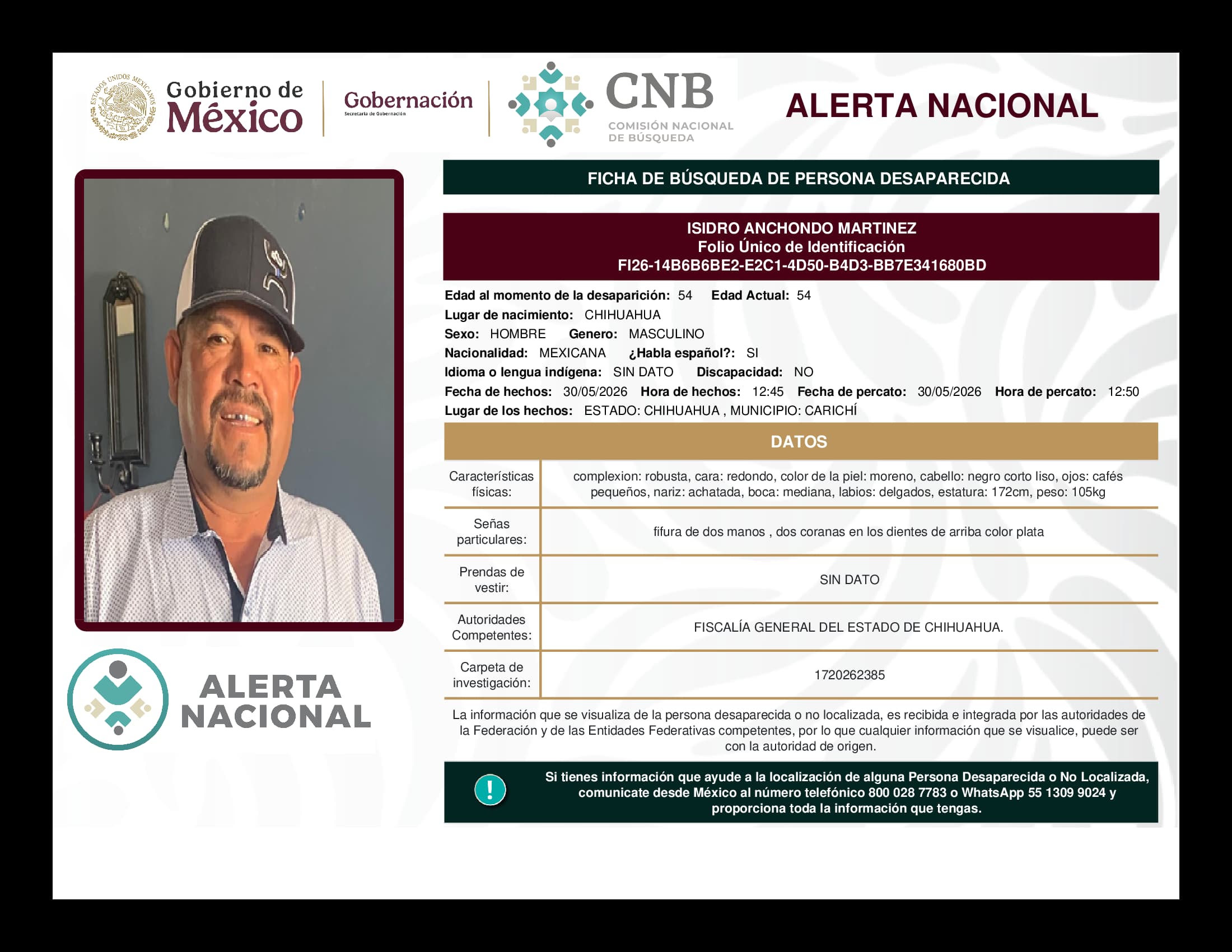 Persona desaparecida Isidro Anchondo Martinez