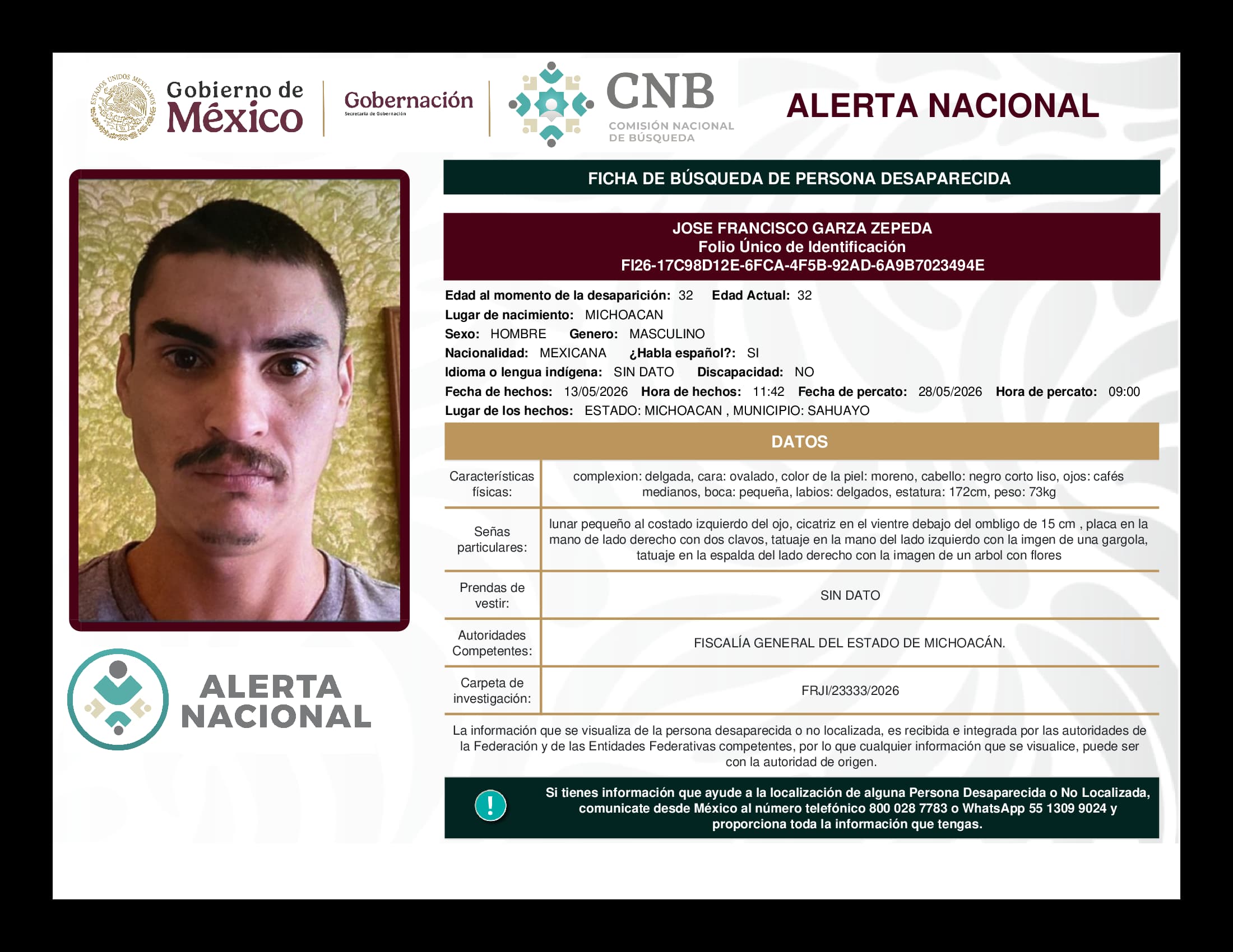 Persona desaparecida Jose Francisco Garza Zepeda