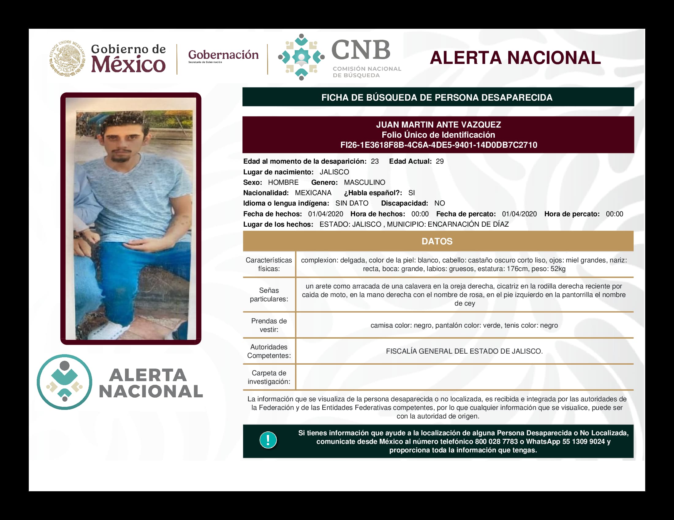 Persona desaparecida Juan Martin Ante Vazquez