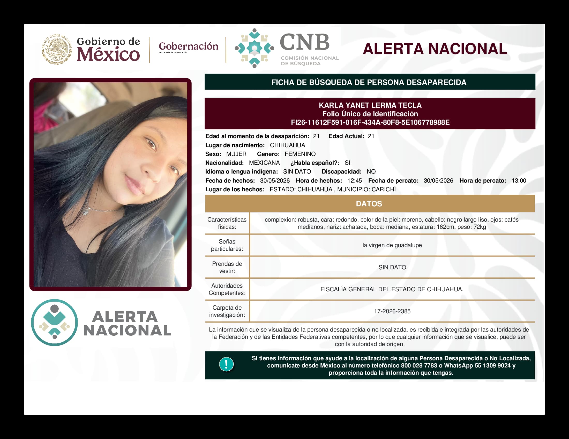 Persona desaparecida Karla Yanet Lerma Tecla