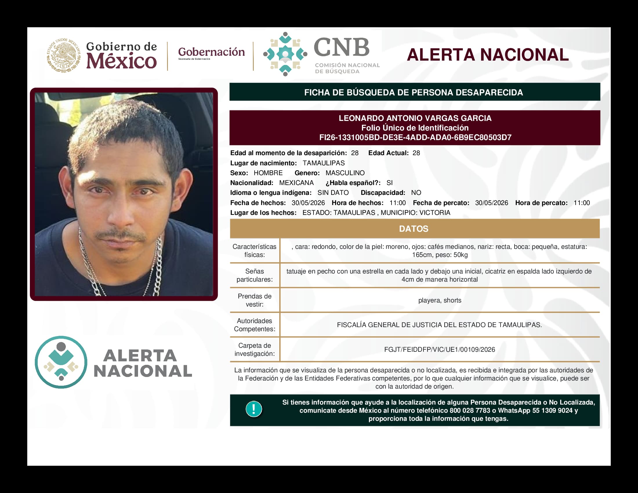 Persona desaparecida Leonardo Antonio Vargas Garcia