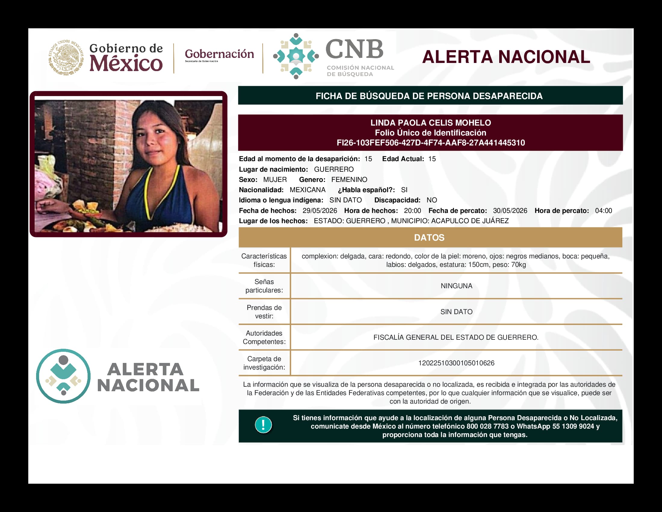 Persona desaparecida Linda Paola Celis Mohelo